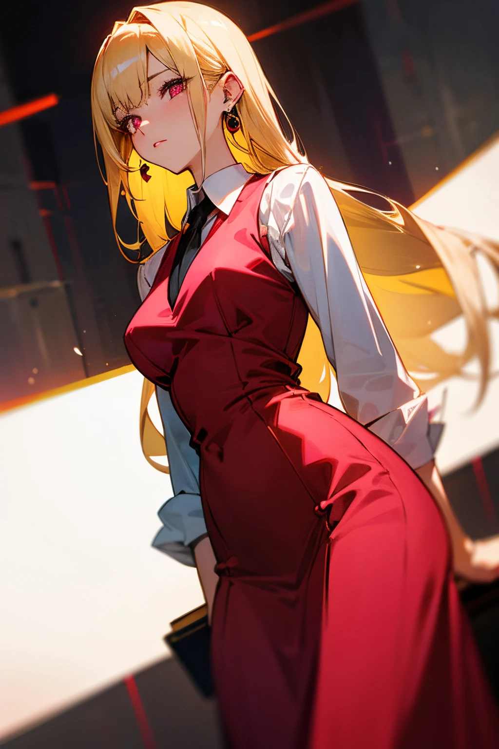 woman, blonde, Long Hai, business woman, vest, dark pink eyes, ear rings, dark red dress