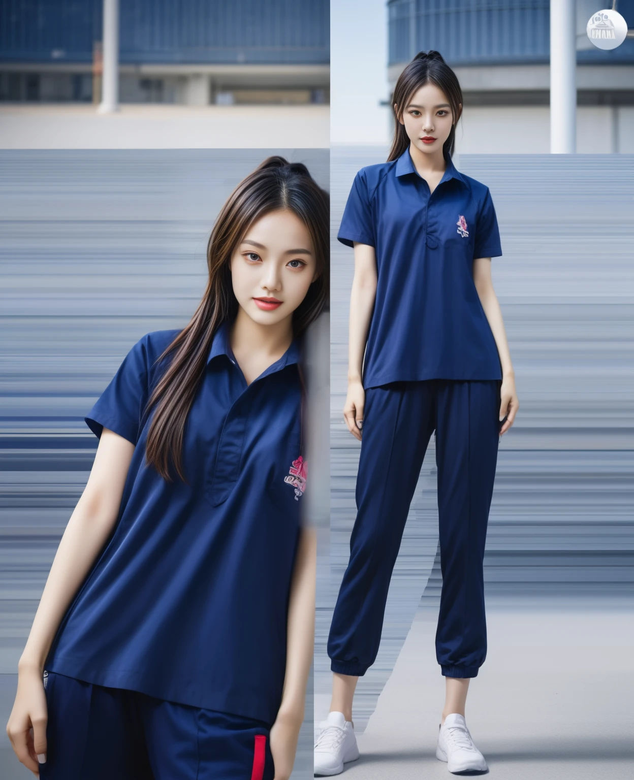 (bestquality,10,10,highres,masterpiece:1.2),ultra-detail,(Realistic,photorealistic portrait,photo-realistic:1.37),1 Cute girl in the football field,oily shiny skin,bara,light smile,BDclothes,((blue shirt:1.3)),short sleeves,shirt, trousers.,(navy_long_Pants Track:1.1), ((Stadium Background:1.3)),dynamic angle,excited,face focus,Dynamic Poses,from behide,Ass Focus,masterpiece, bestquality, ultra realistic, hyper-detail, 8k resolution, RAW photo, crisp focus, ((Navy blue shirt:1.1)), short sleeves, Long Path, Perfect body, 2 mature women, 18yo, cinematic light,Blue sweatpants,Gymware,Correct anatomy,Complete body, Correct body, sharp face, Anatomically correct body, full entire body, Realistic gestures, long-haired, Realistic poses,Wear long shorts.........................,Long leg span,Shapely,Sculpting Girl, Slender Figure, mannequin mannequins, Shapely, Beautiful body,Blue sweatpants, Two girls kissing