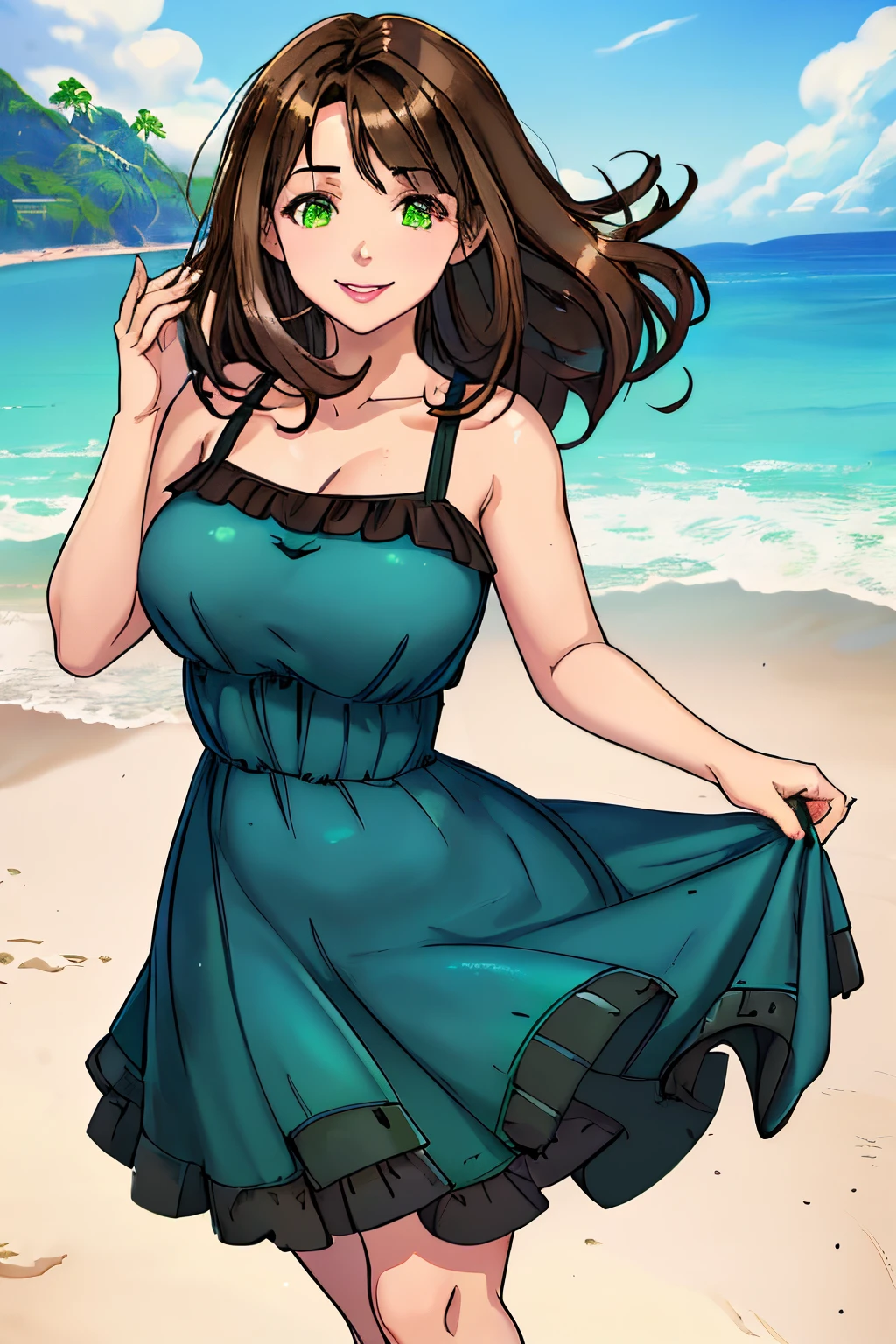 1 Girl, brunette, dark brown hair, Bright green eyes, smiling, curvy, bealtiful, pretty, blue dress, elegance, masterpiece, beach