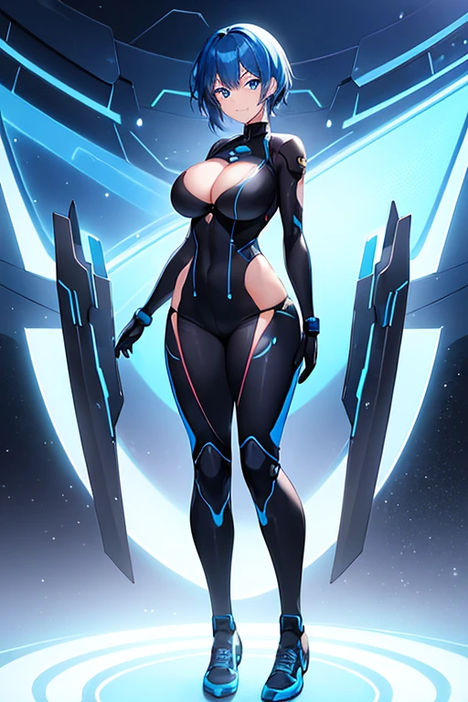 1girl, blue hair, large breasts, wide hips, bodysuit, black bodysuit, blue eyes, short hair, very short hair, science-fiction, tech, futuristic, machinery, full body, neon trim, light smile, shoes, car, sports car