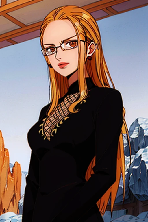 masterpiece, (ultra detailed background, delicate pattern, intricate detail), (highly detailed, fine details), best quality, beautiful lighting, absurdres, film grain, ((medium breasts, slim girl, cowboy shot)), ((, complex detailed background, outside, nature environment, winter, snow, rocks, sunny, blue sky, sky, kalifa, 1girl, solo, orange hair, long hair,black dress, glasses , orange eyes,
