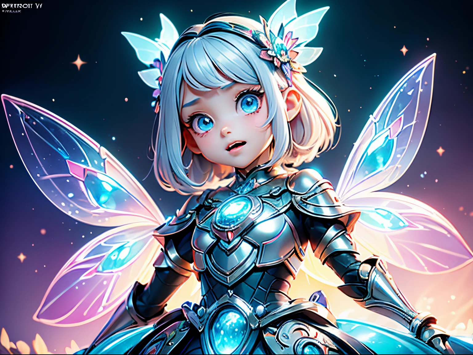 (masterpiece), realistic, cinematic light, (((utopia world, a  girl is playing with fairies in the universe))), full body, beautiful eyes, silver hair, perfect anatomy, very cute, (blue eyes) , bioluminescence, 8 life size,8k resolution, human hands, elegant, approaching perfection, dynamic, highly detailed, character sheet, concept art, smooth, facing directly at the viewer positioned so that their body is symmetrical and balanced, stunningly beautiful teenage girl, her eyes tear up as she hold back the pain, open mouth and stick out tongue, from below and side, fractal art,