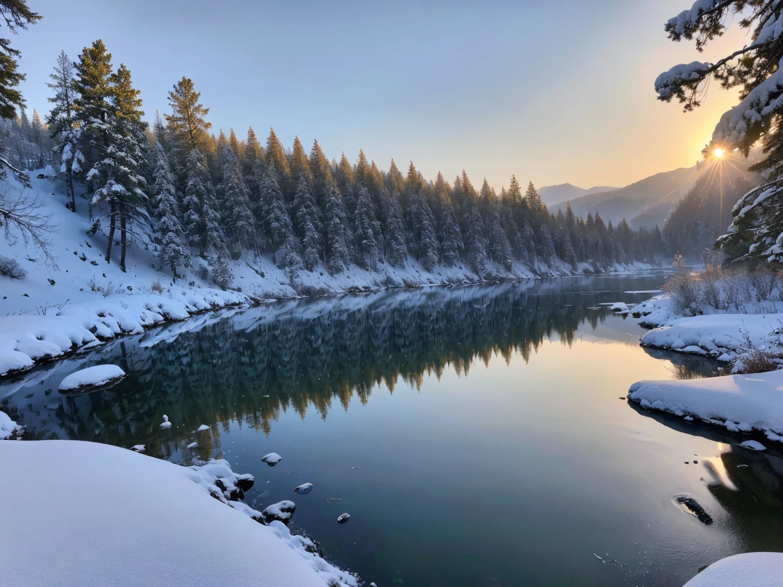 (best quality,4k,8k,highres,masterpiece:1.2),ultra-detailed,(realistic,photorealistic,photo-realistic:1.37),mountain,snow,sunset,fog,HD 8K,tree,river,rocks,pine trees,soft light,serene atmosphere,vivid colors,frozen landscape