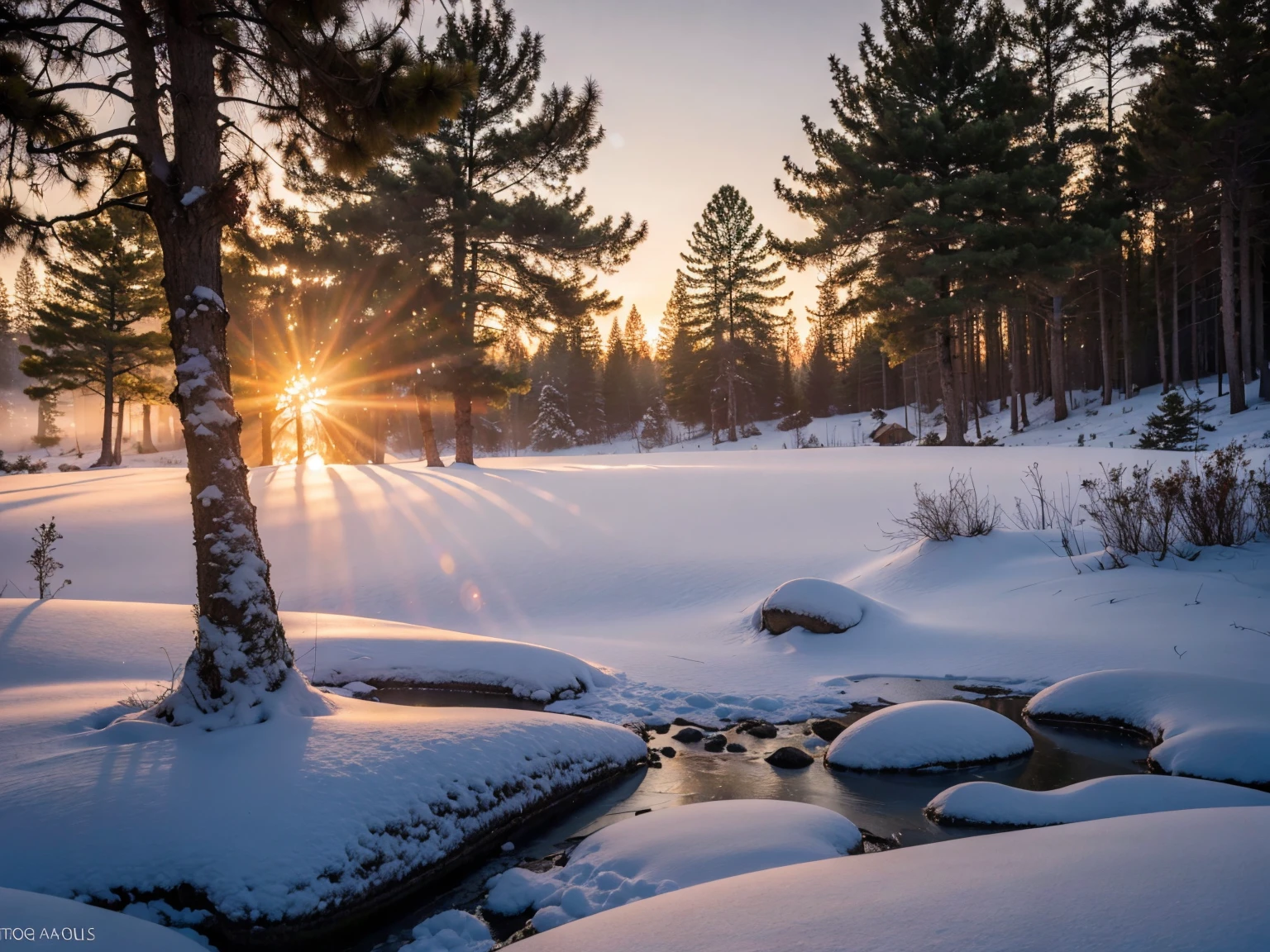 (best quality,4k,8k,highres,masterpiece:1.2),ultra-detailed,(realistic,photorealistic,photo-realistic:1.37),mountain,snow,sunset,fog,HD 8K,tree,river,rocks,pine trees,soft light,serene atmosphere,vivid colors,frozen landscape