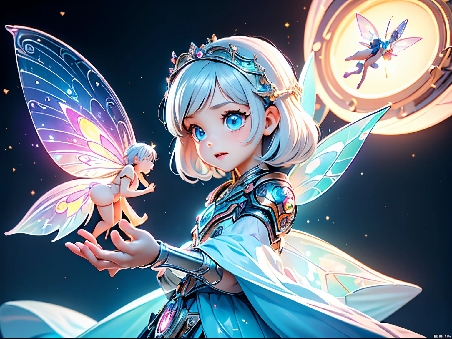 (masterpiece), realistic, cinematic light, (((utopia world, a  girl is playing with fairies in the universe))), full body, beautiful eyes, silver hair, perfect anatomy, very cute, (blue eyes) , bioluminescence, 8 life size,8k resolution, human hands, elegant, approaching perfection, dynamic, highly detailed, character sheet, concept art, smooth, facing directly at the viewer positioned so that their body is symmetrical and balanced, stunningly beautiful teenage girl, her eyes tear up as she hold back the pain, open mouth and stick out tongue, from below and side, fractal art,