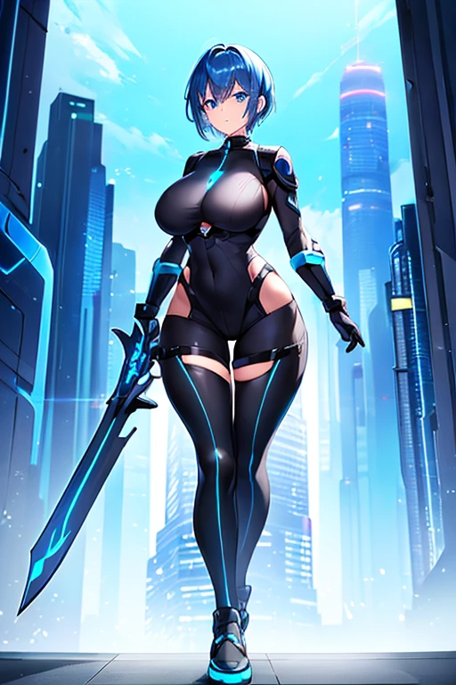 1girl, blue hair, large breasts, wide hips, bodysuit, black bodysuit, blue eyes, short hair, very short hair, science-fiction, tech, futuristic, machinery, full body, neon trim, light smile, shoes, sword