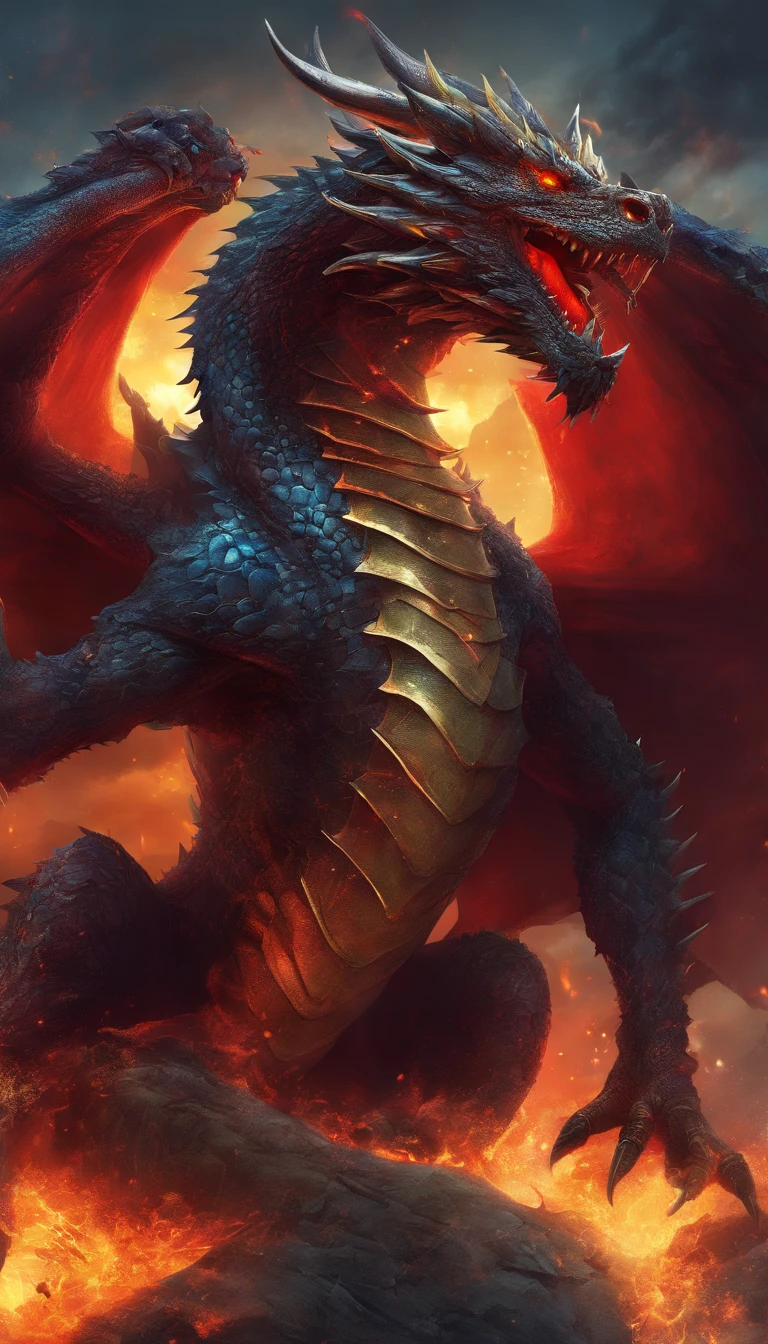 (Dragon Sky Dorado) big breasts and big breasts (Sharp red eyes),closeup release (Blood and fire) Through the nose,Volume scale,high qulity,8K,Many details,Fire particles,Alas,4 legged,Spotted claws,Oro,dangers,firey,dentes pontiagudos,big dragon,gargantuan,threatening,Momentum,Blue scales