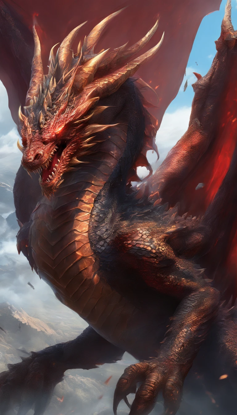 (Dragon Sky Dorado) big breasts and big breasts (Sharp red eyes),closeup release (Blood and fire) Through the nose,Volume scale,high qulity,8K,Many details,Fire particles,Alas,4 legged,Spotted claws,Oro,dangers,firey,dentes pontiagudos,big dragon,gargantuan,threatening,Momentum,Blue scales