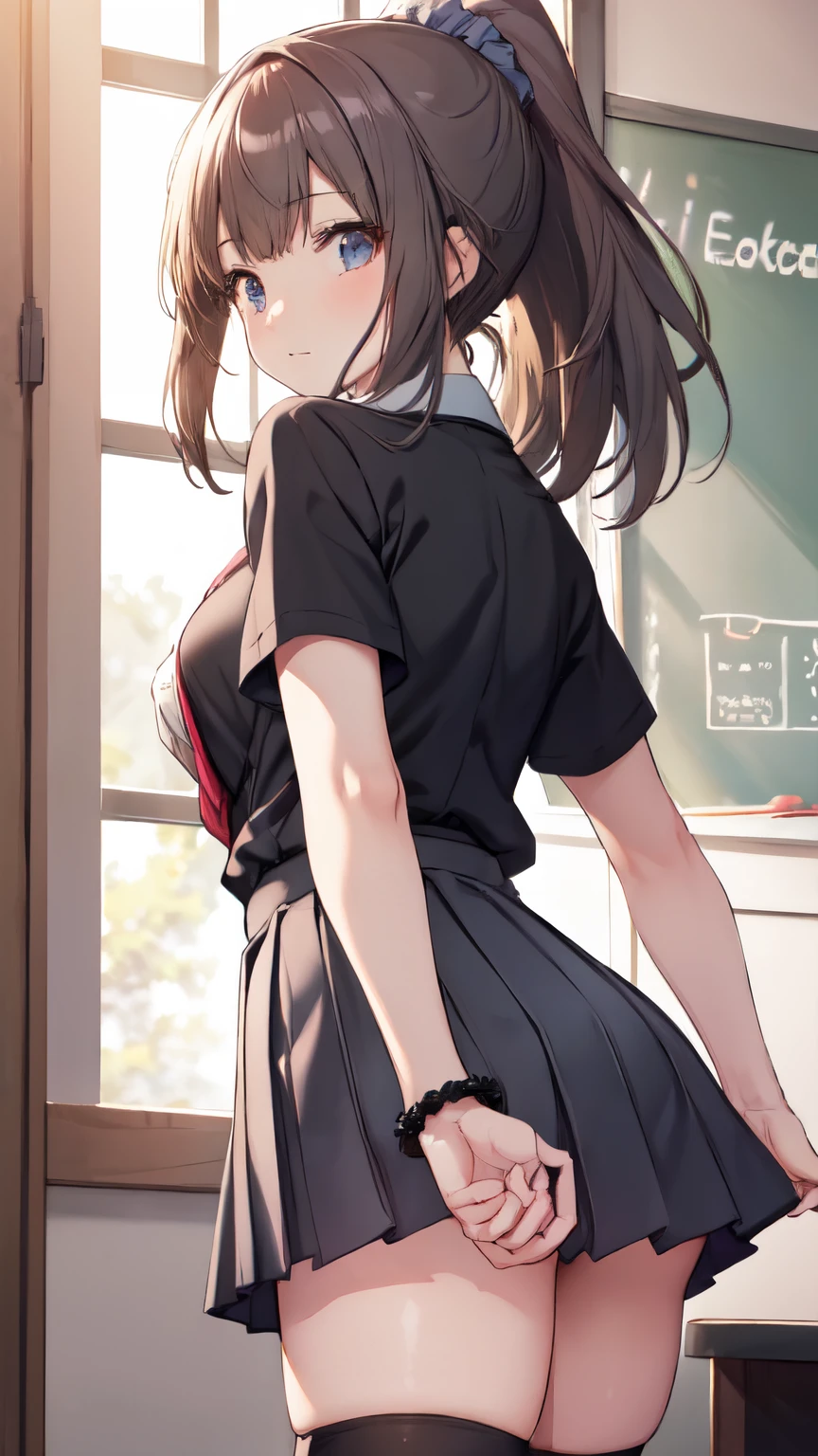 Pov、(leaning forward:1.5)、(high ponytail:1.3)、(school uniform, short sleeve:1.5)、a miniskirt、(hair adornments:1.2)、(Wrap a scrunchie around your left wrist:1.2)、(Black High Socks:1.5)、NSFW、clear eyes、8k、**** student、Top image quality、Masterpiece、perfect anatomia、Kogal、Plump thighs、bich、schools、Absolute Area、