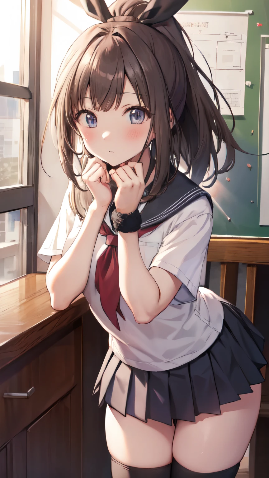 Pov、(leaning forward:1.5)、(high ponytail:1.3)、(school uniform, short sleeve:1.5)、a miniskirt、(hair adornments:1.2)、(Wrap a scrunchie around your left wrist:1.2)、(Black High Socks:1.5)、NSFW、clear eyes、8k、 student、Top image quality、Masterpiece、perfect anatomia、Kogal、Plump thighs、bich、schools、Absolute Area、