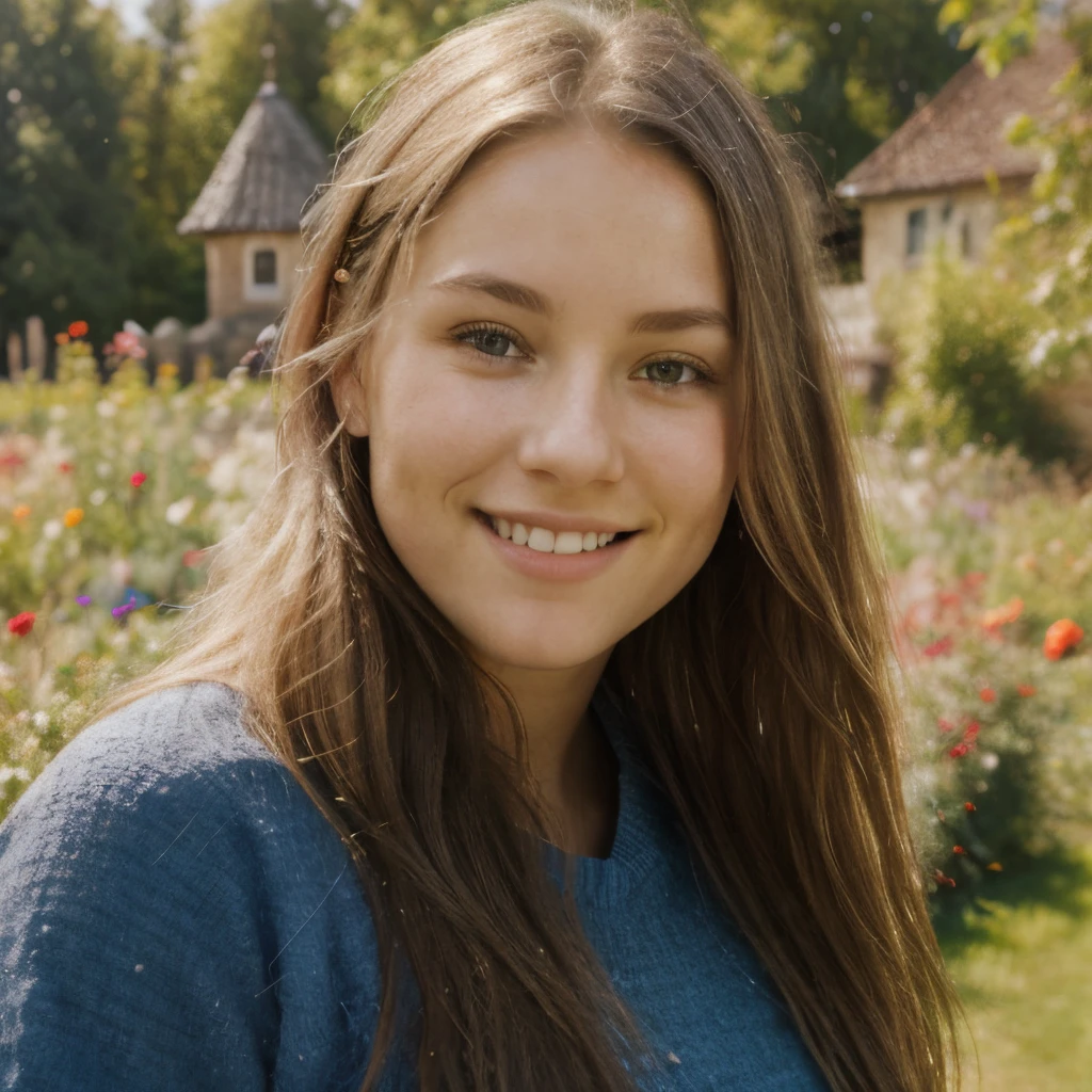 a young Nordic woman, symmetrical face, symmetrical eyes, thin nose, confident smile without showing her teeth,garden background, photo, canon, ultra realistic, ultra detailed, natural skin texture, photorealistic