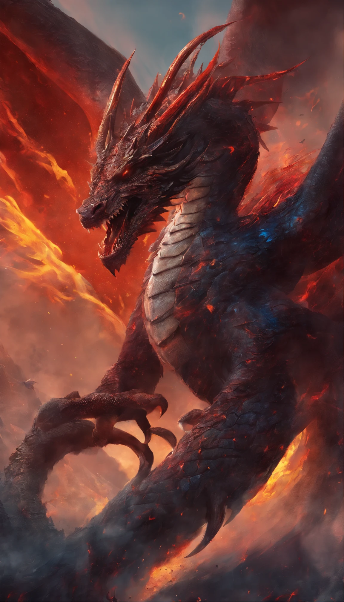 (Dragon Sky Dorado) big breasts and big breasts (Sharp red eyes),closeup release (Blood and fire) Through the nose,Volume scale,high qulity,8K,Many details,Fire particles,Alas,4 legged,Spotted claws,Oro,dangers,firey,dentes pontiagudos,big dragon,gargantuan,threatening,Momentum,Blue scales