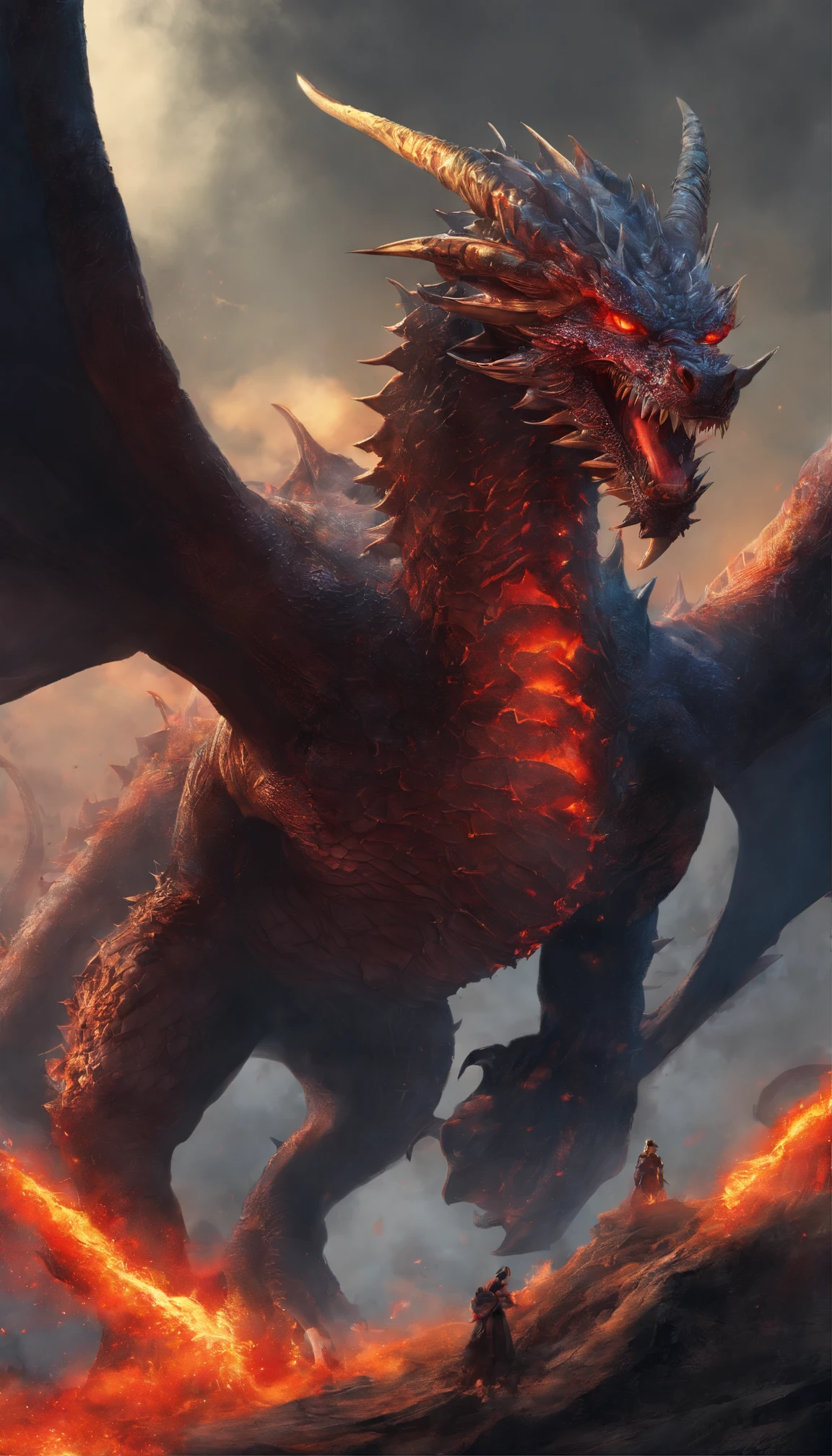(Dragon Sky Dorado) big breasts and big breasts (Sharp red eyes),closeup release (Blood and fire) Through the nose,Volume scale,high qulity,8K,Many details,Fire particles,Alas,4 legged,Spotted claws,Oro,dangers,firey,dentes pontiagudos,big dragon,gargantuan,threatening,Momentum,Blue scales