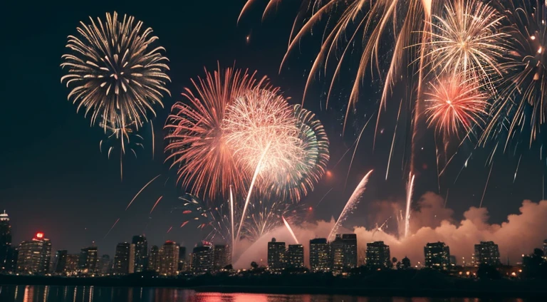 happy new year,red,balloons,fire works,