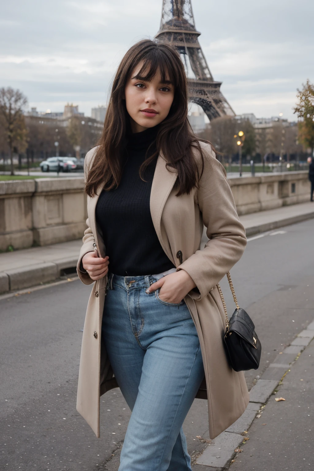 Create a beutiful woman
with the following features: height 1.72 meters, weight 85 kilograms,latin body medium hair with bangs. Attire: stylish and beautiful, set in December in Paris, walking in front of the Eiffel Tower. Describe their pose, the colors of their clothes,with coat, with bag and the overall atmosphere of the scene.