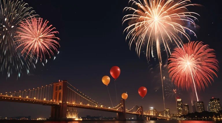 happy new year,logo,red,balloons,fire works，