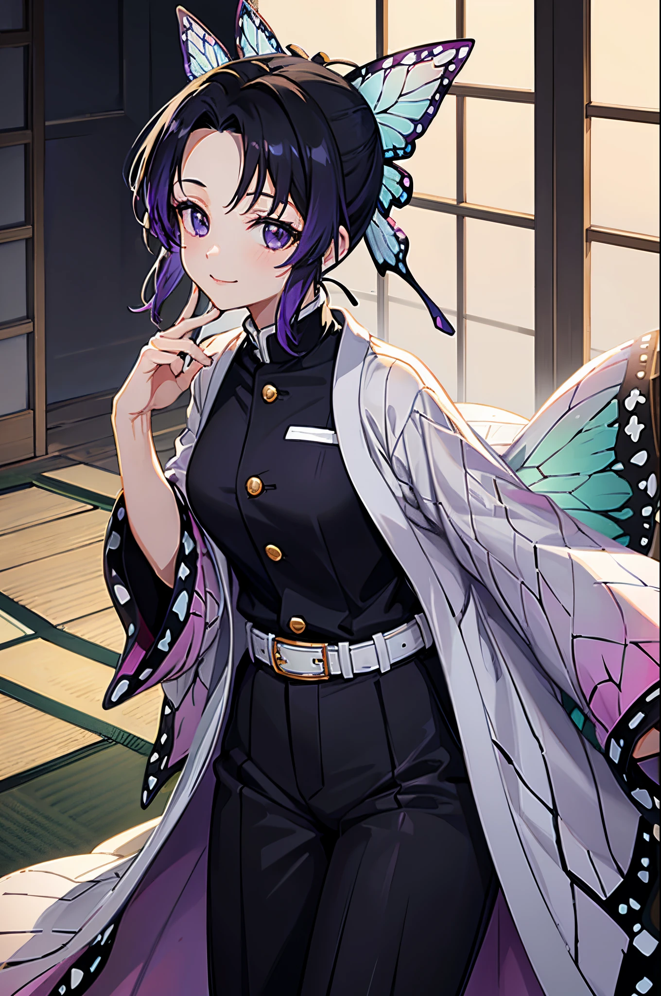 shinobu kochou, animal print, black hair, butterfly hair ornament, butterfly print, forehead, gradient hair, hair ornament, haori, multicolored hair, parted bangs, purple hair, short hair, two-tone hair, belt, black pants, butterfly print, coat, demon slayer uniform, haori, japanese clothes, pants, uniform,  hand on waist, smile, indoor, japanese house background, standing, upper body, portrait, looking at the viewer