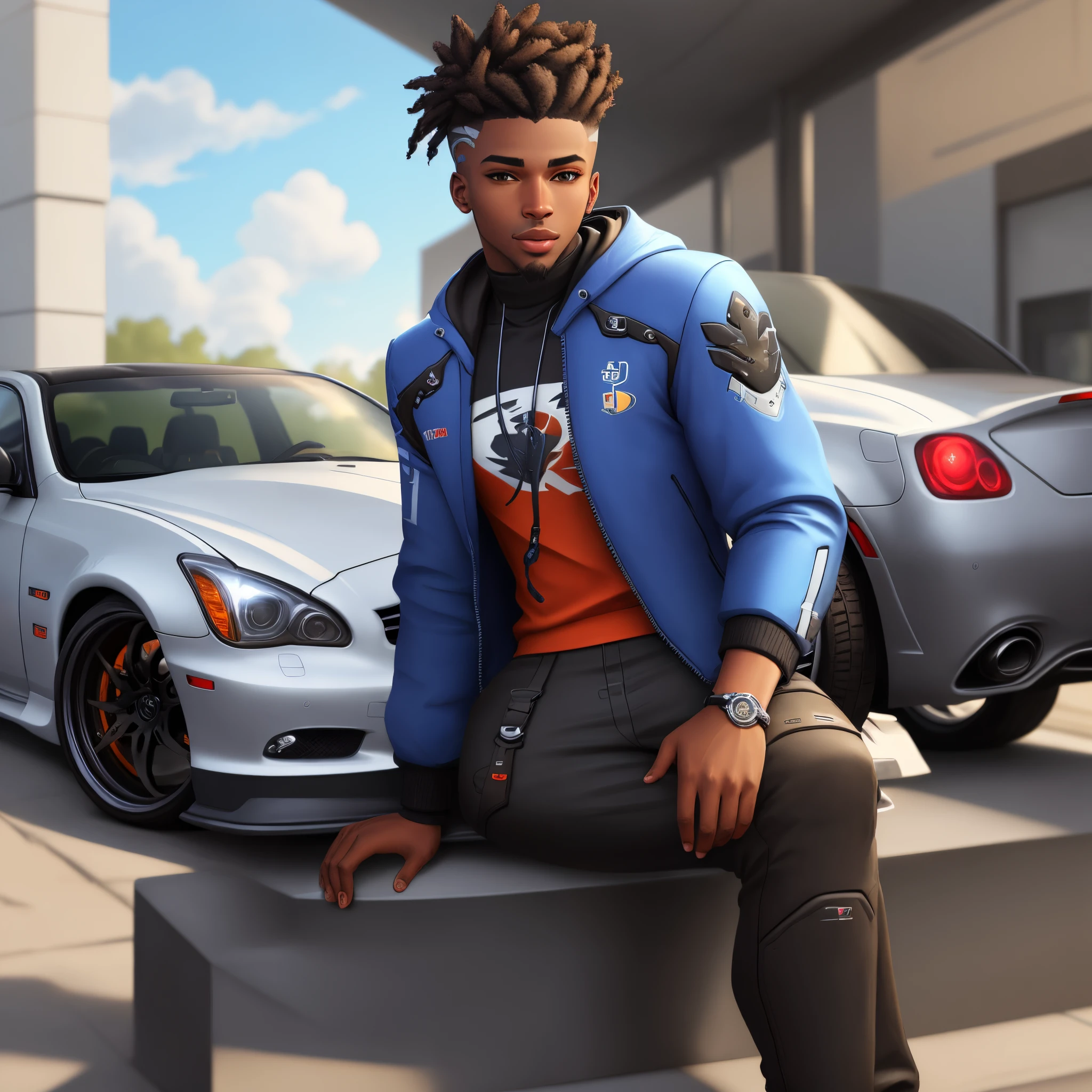 baptiste from overwatch sitting looking cool on a modded infiniti g35
