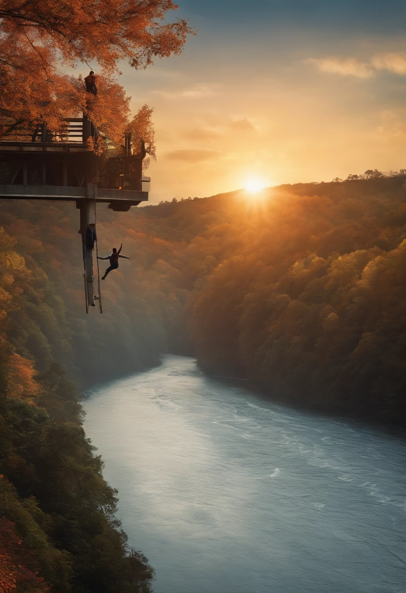 A photo of our hero bungee jumping off a towering bridge, with the river rushing below,Naruto Shippuden,Naruto, male