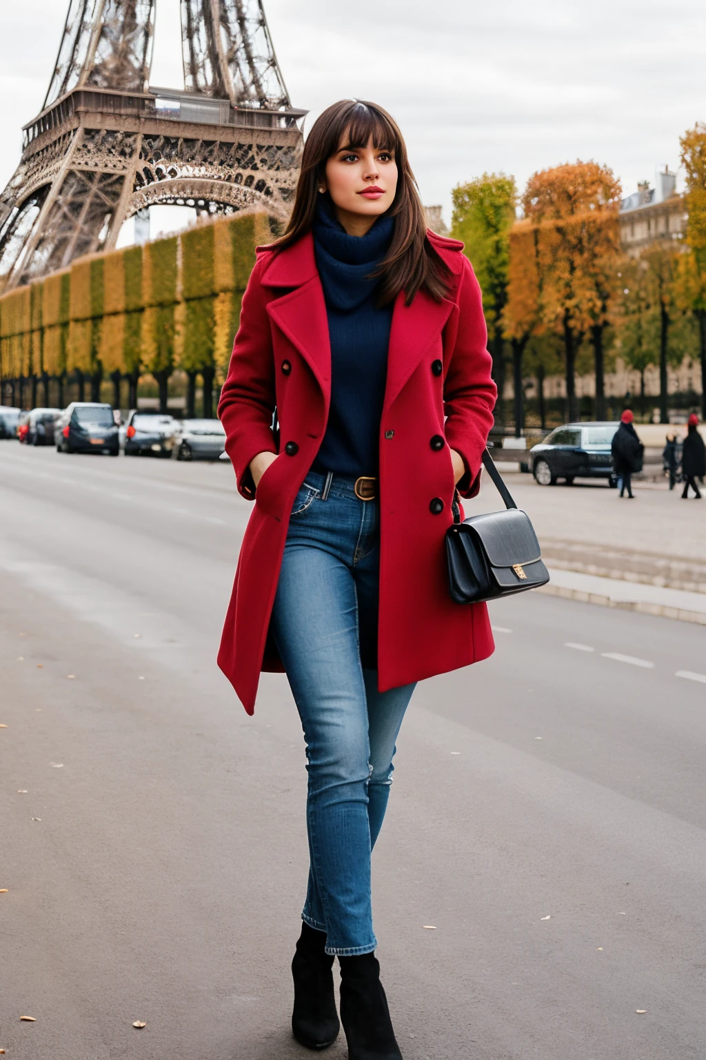 Create a beutiful woman
with the following features: height 1.72 meters, weight 85 kilograms,latin body medium hair with bangs. Attire: stylish and beautiful, set in December in Paris, walking in front of the Eiffel Tower. Describe their pose, the colors of their clothes,with coat, with bag and the overall atmosphere of the scene.