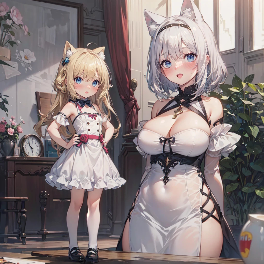 (height_difference:1.5), (size_difference:1.2), girls bedroom, fluffy, cute, (2girls:1.7), (giantess:1.3), (breasts and face closeup), smug,  :o, :3, happy, solo, female focus, (cute sexy dress: 1.3), cleavage, shiny skin, a crowd of people on a table below the breasts of a giantess, a crowd of people on a platform in front of the breasts of a giantess, (multiple_girls:1.5), (minigirl:1.4), (minigirl on a table: 1.2), (cute dress: 1.2)