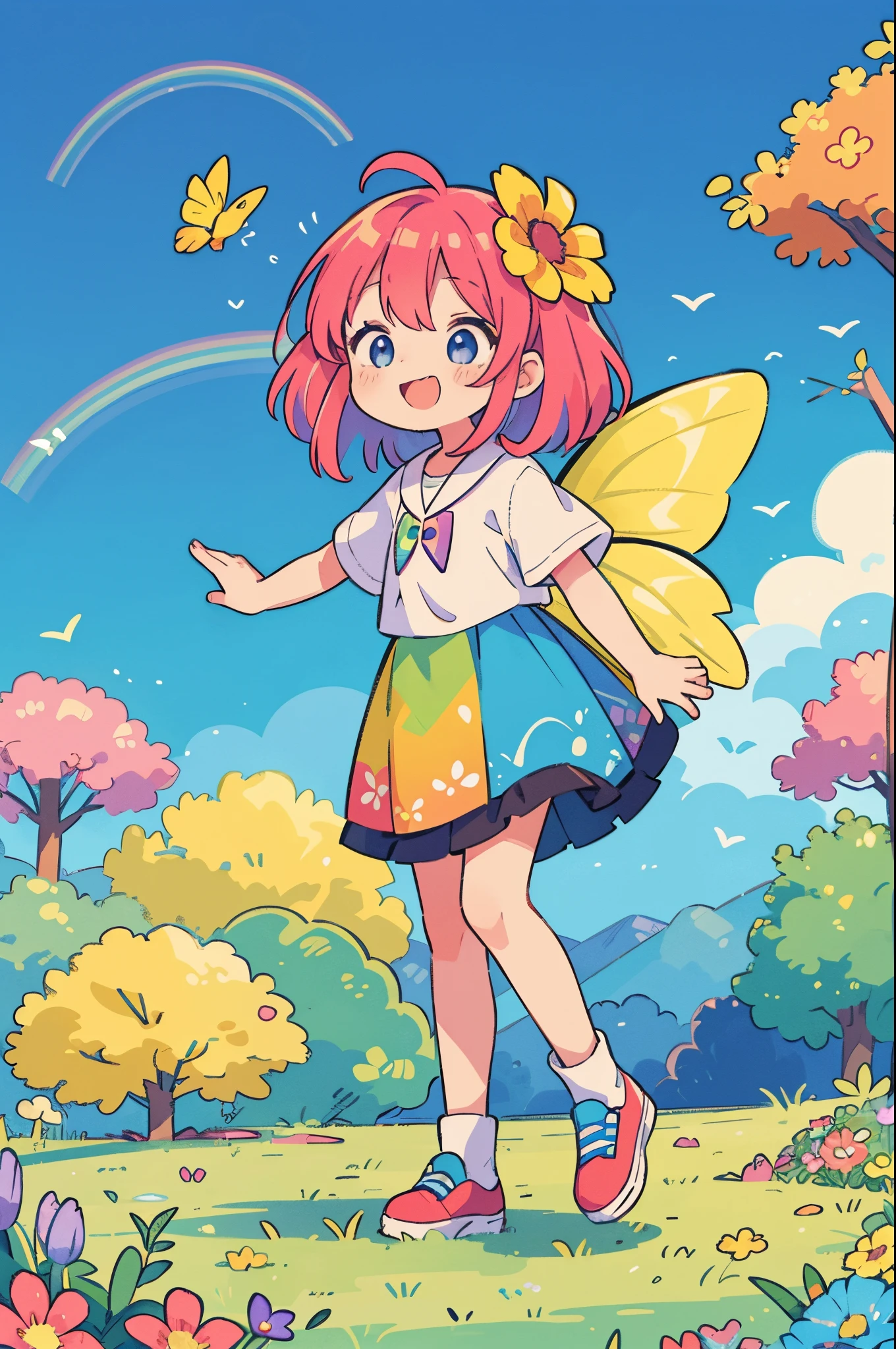 {masterpiece}, best quality, Rainbow-colored hair, A vibrant and colorful background, A whimsical and lively character, such as a fairy or a magical creature, Brightly colored flowers or other natural elements, A joyful and playful mood or theme
