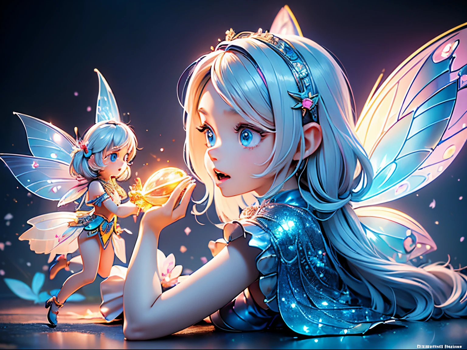 (masterpiece), realistic, cinematic light, (((utopia world, a  girl is playing with fairies in the fairyland))), full body, beautiful eyes, silver hair, perfect anatomy, very cute, (blue eyes) , bioluminescence, 8 life size,8k resolution, human hands, elegant, approaching perfection, dynamic, highly detailed, character sheet, concept art, smooth, facing directly at the viewer positioned so that their body is symmetrical and balanced, stunningly beautiful teenage girl, her eyes tear up as she hold back the pain, open mouth and stick out tongue, from below and side, fractal art,