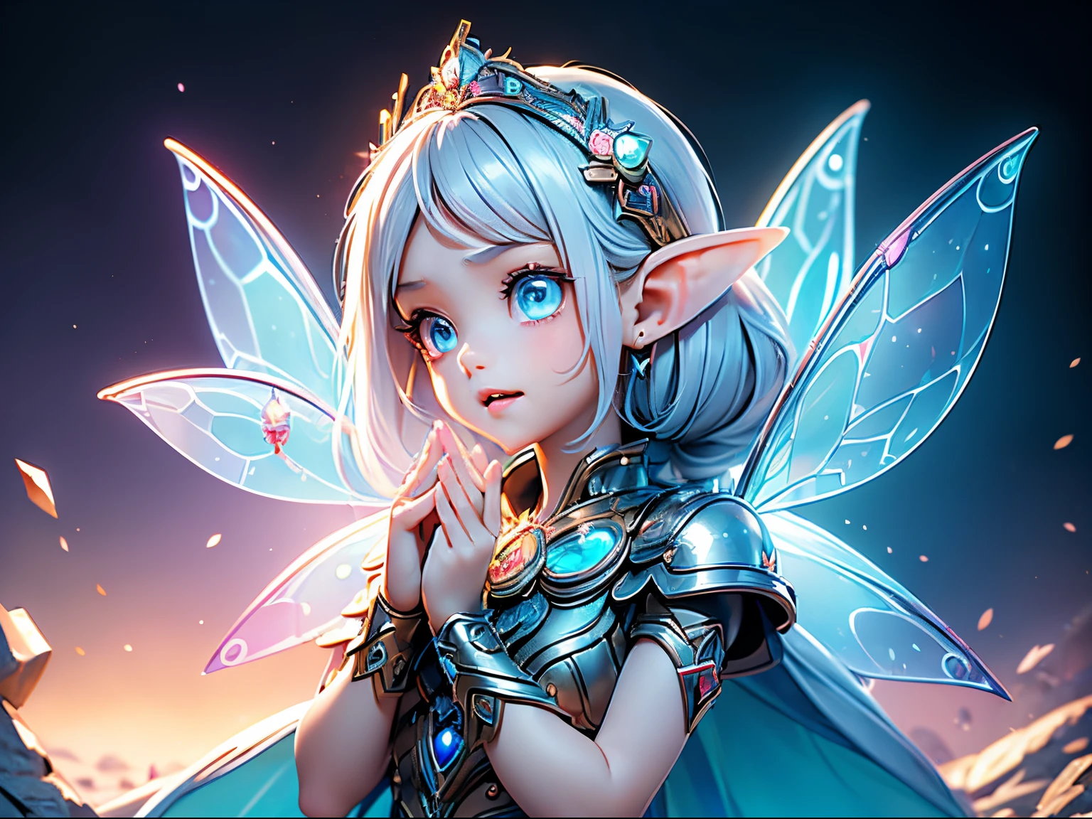 (masterpiece), realistic, cinematic light, (((utopia world, a **** girl is playing with fairies in the fairyland))), full body, beautiful eyes, silver hair, perfect anatomy, very cute, (blue eyes) , bioluminescence, 8 life size,8k resolution, human hands, elegant, approaching perfection, dynamic, highly detailed, character sheet, concept art, smooth, facing directly at the viewer positioned so that their body is symmetrical and balanced, stunningly beautiful teenage girl, her eyes tear up as she hold back the pain, open mouth and stick out tongue, from below and side, fractal art,