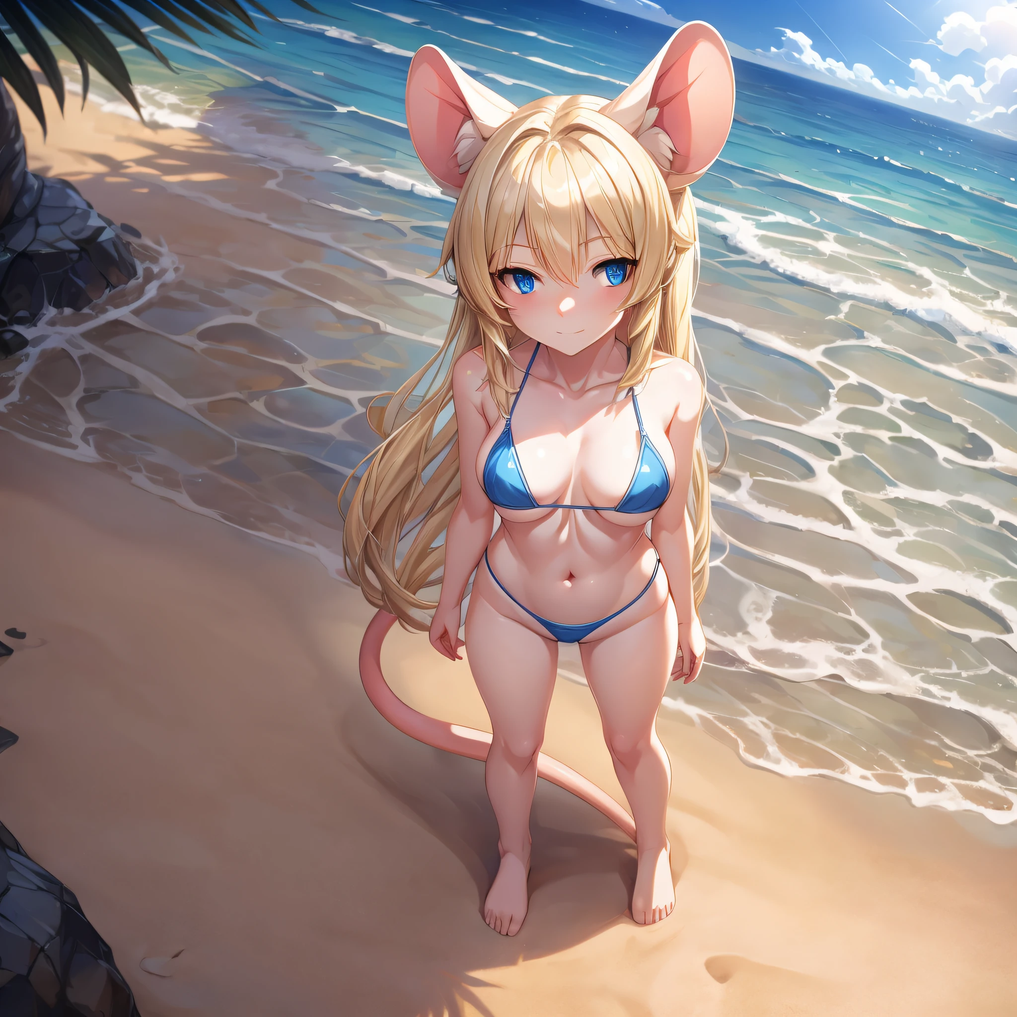 View from above a very short blonde humanoid girl with pale skin and long blonde hair and blue eyes and fluffy mouse ears and a short thin mouse tail and average breasts with a blue bikini on and is standing outside alone on a giant shell on the beach.