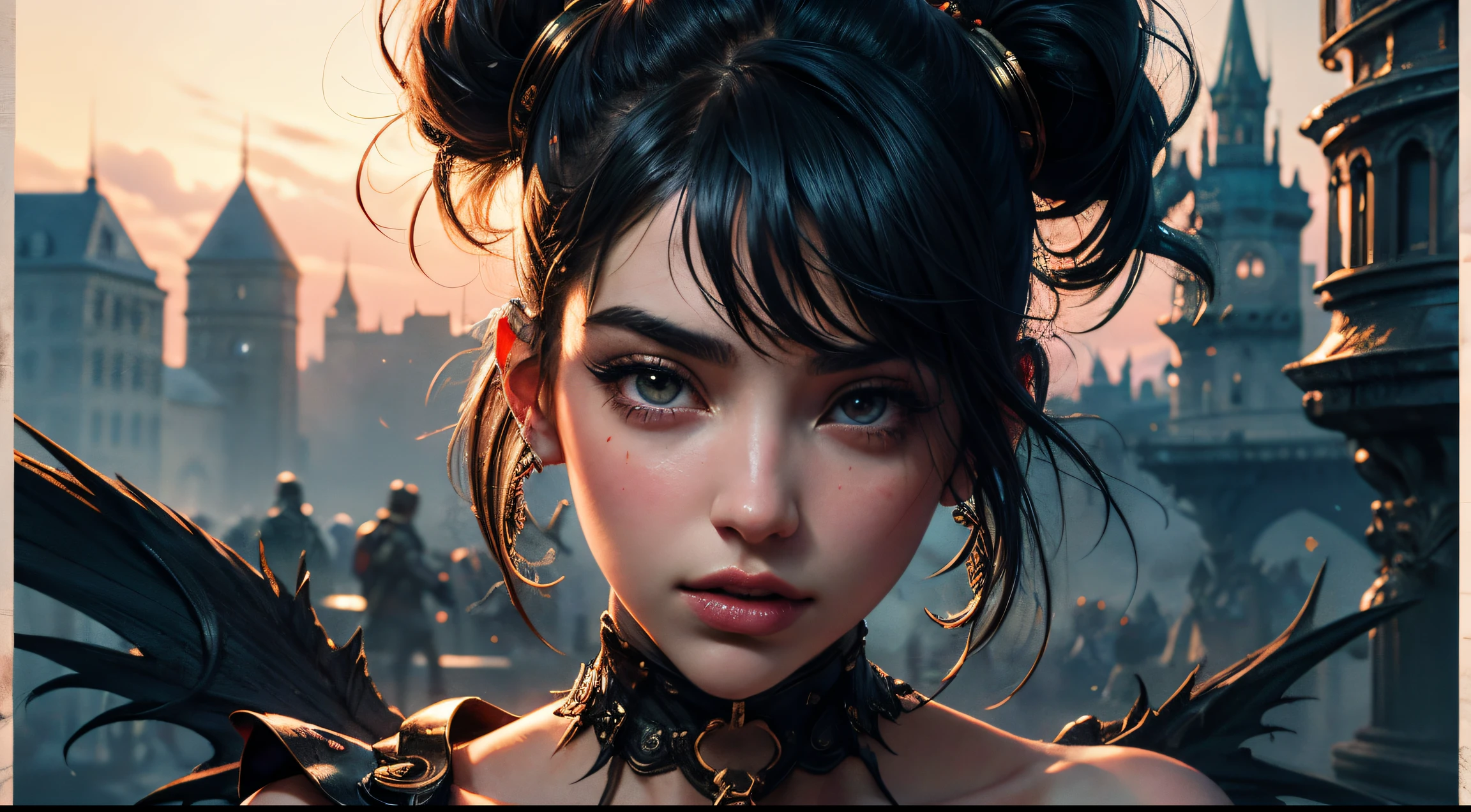 filmposter，hyper HD，A high resolution，A succubus with the face of Emily Rudd: Dua Lipa, Sensual posture, (Medium focus lens：1.8)， concept-art, Gorgeous castle background, abstract beauty, the ultra-detailed, brome style