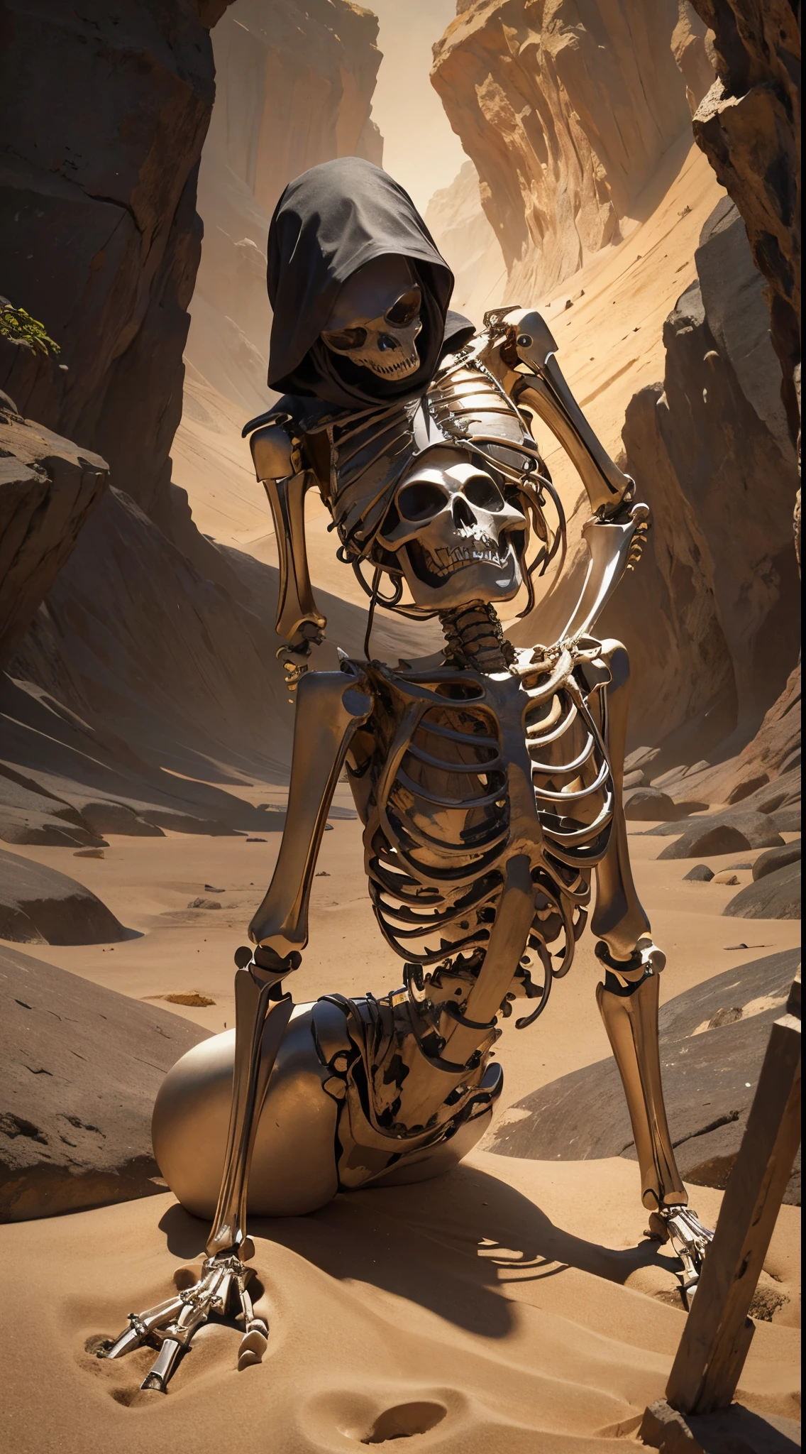 skeleton figure of time, sark drapping, dissolve, sand, high detail, award winning masterpiece with incredible details . Non-representational, colors and shapes, expression of feelings, imaginative, highly detailed