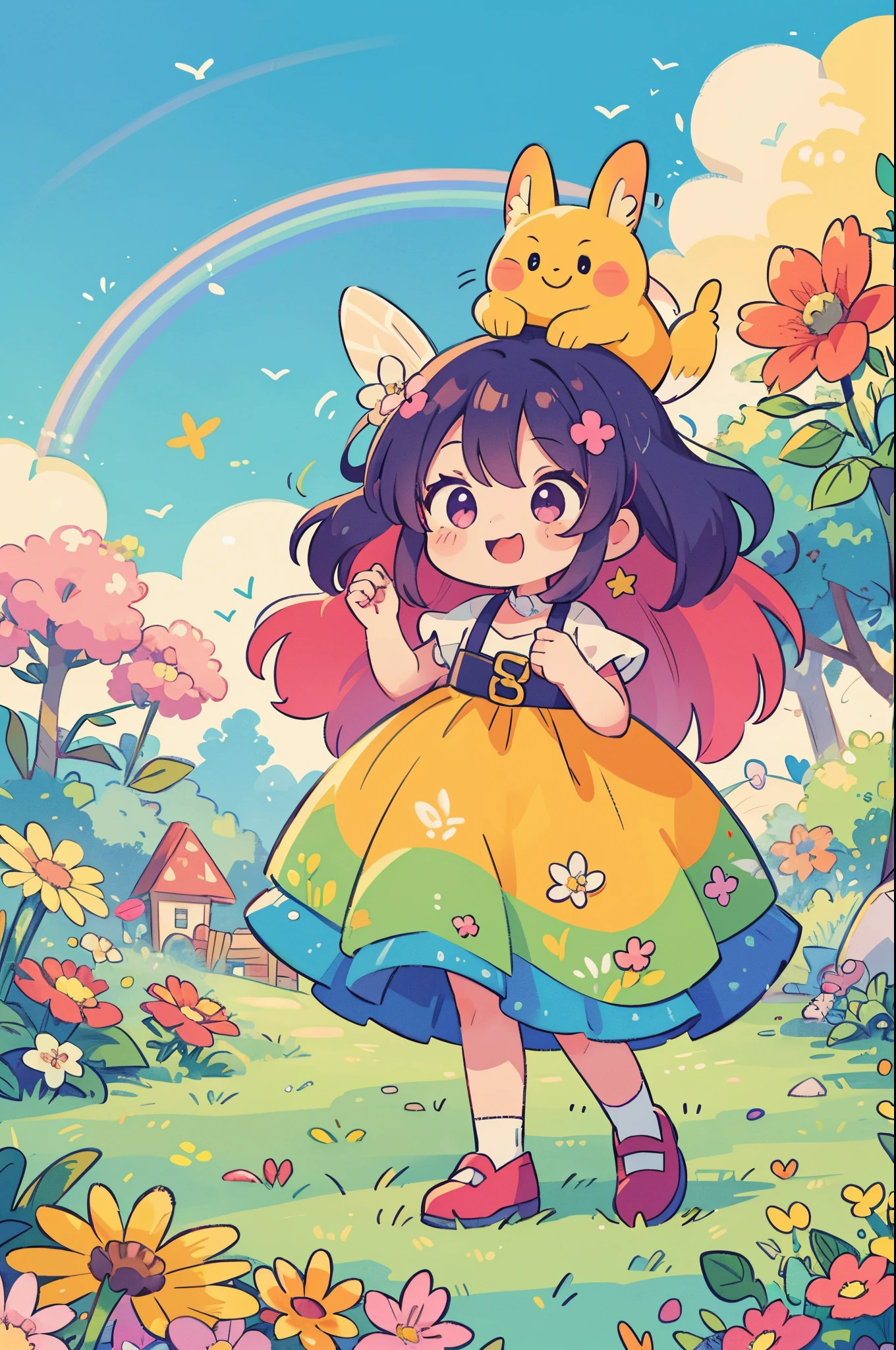 {masterpiece}, best quality, Rainbow-colored hair, A vibrant and colorful background, A whimsical and lively character, such as a fairy or a magical creature, Brightly colored flowers or other natural elements, A joyful and playful mood or theme