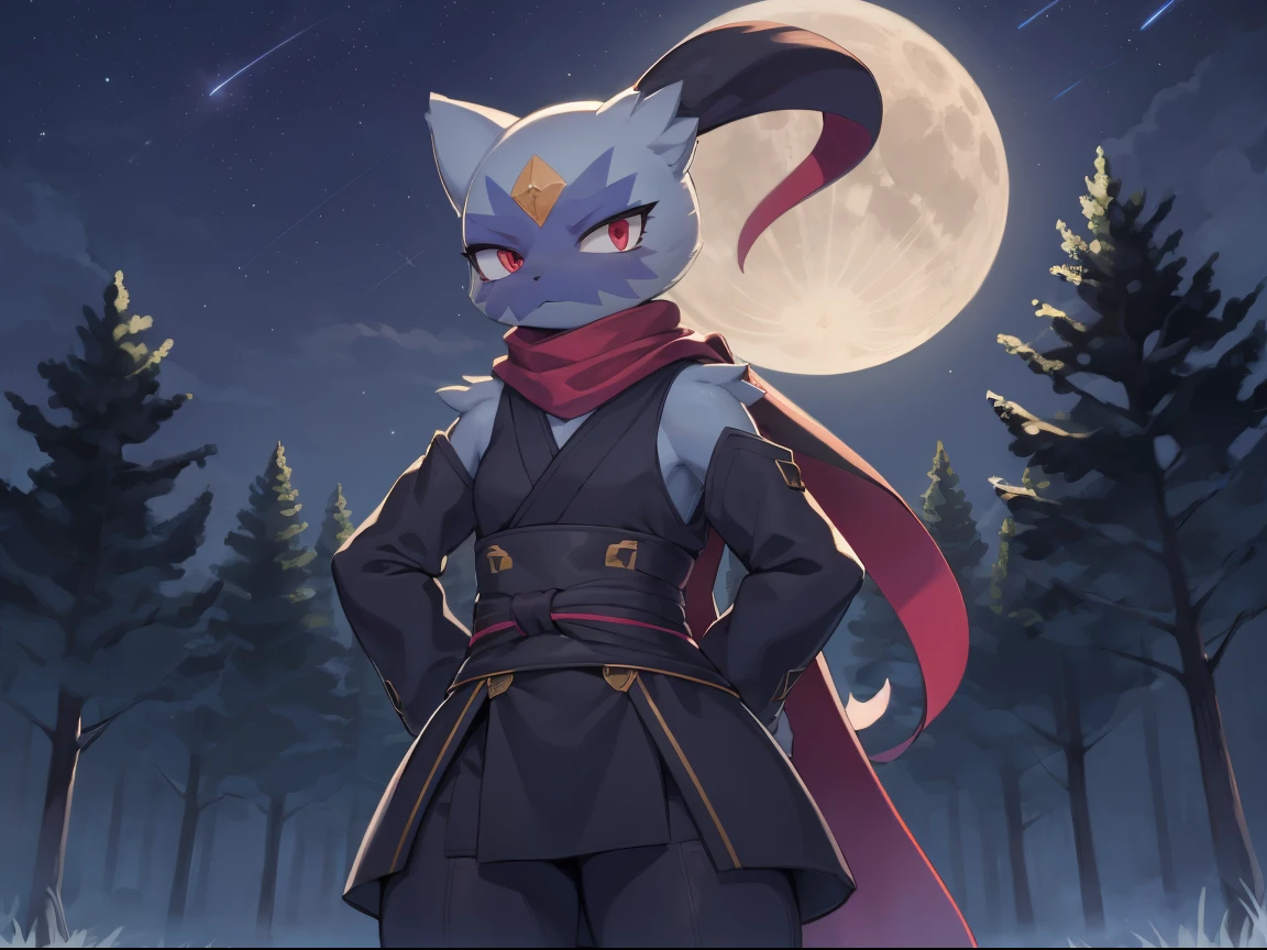 sneasler, standing, long blue scarf, black ninja outfit, trees, midnight, moon, stars,  epic, cinematic lighting, volume lighting, bright tone, warm color, colorful, masterpiece, super detail, high quality, best quality, highres, 16k, uploaded on e621,