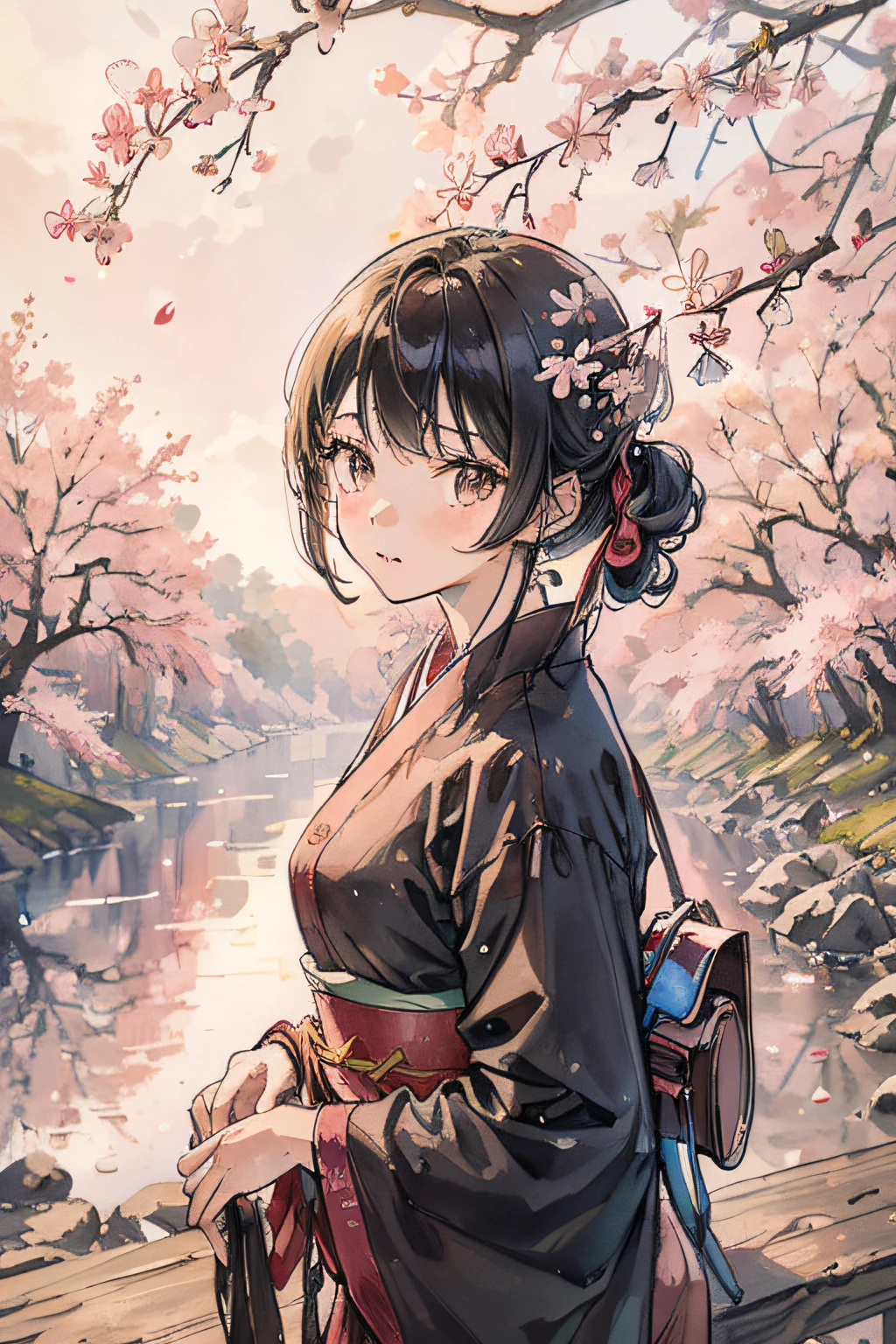 (masutepiece), Best Quality, High resolution, Highly detailed, Detailed background, Perfect Lighting, plein air, 1girl in, Cherry blossoms in full bloom