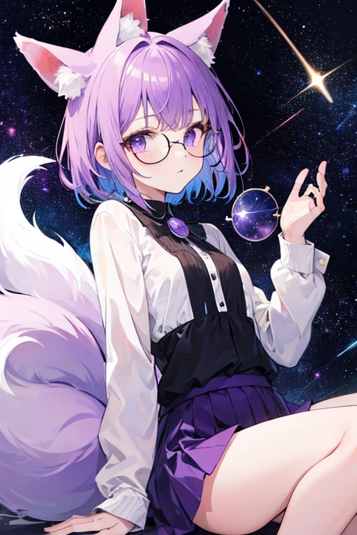 1girl, fox ears and tail, short purple hair, black starry shirt, purple skirt, round glasses, space background,