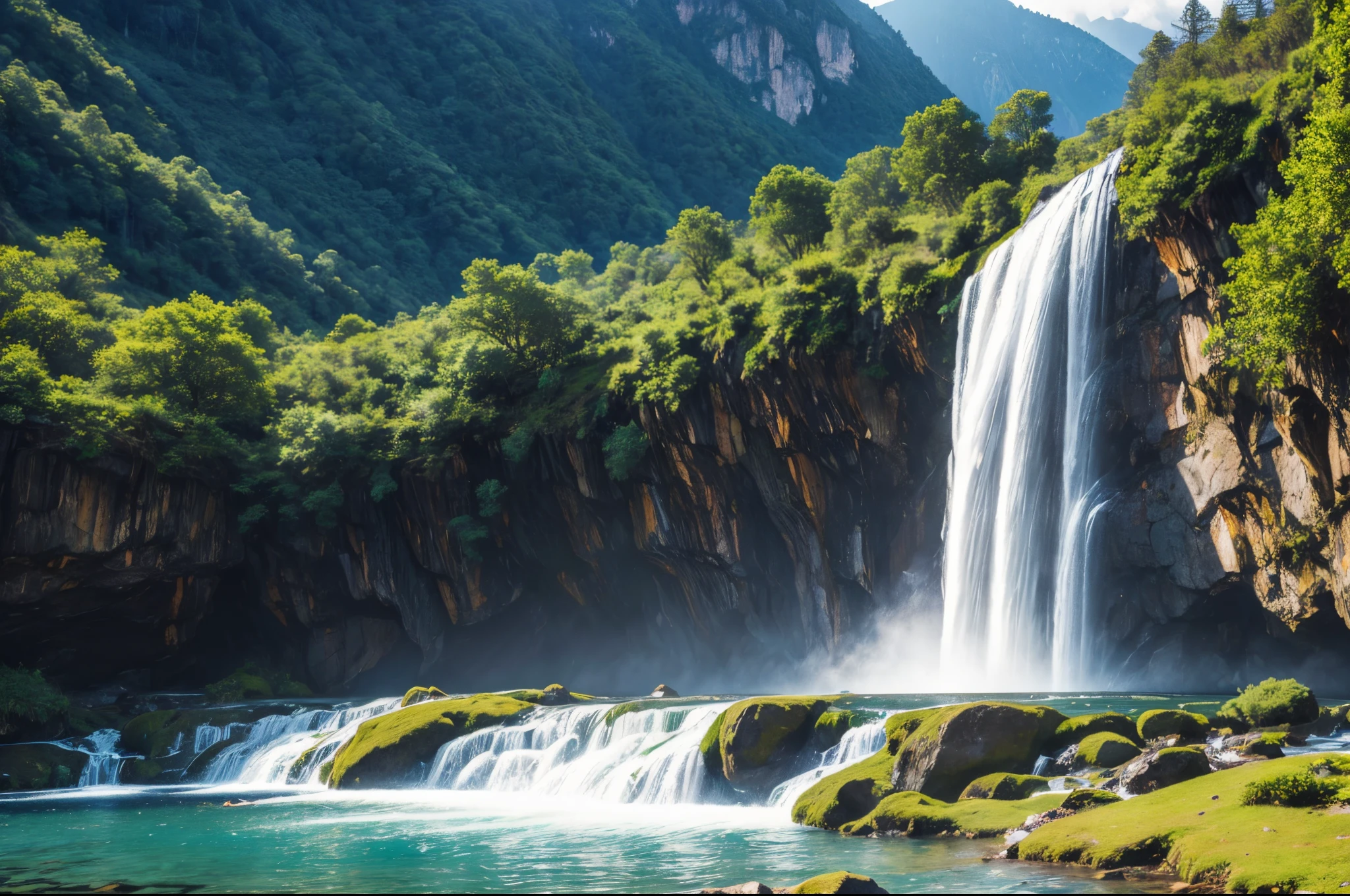 (masterpiece, best quality), best resolution, majestic mountain valley, abundant wildlife, waterfall, wide shot