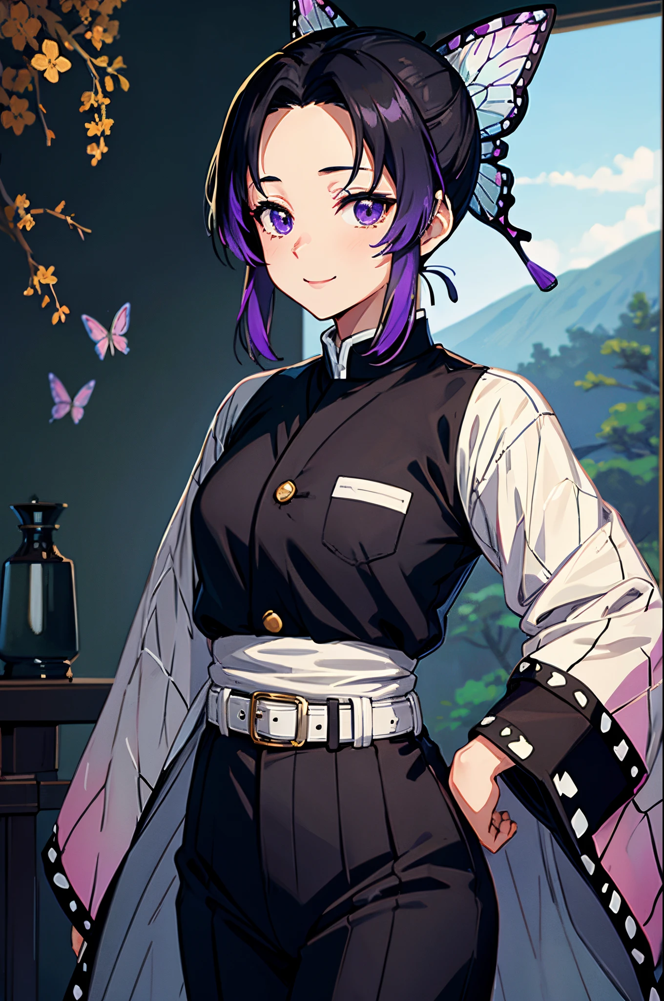 shinobu kochou, animal print, black hair, butterfly hair ornament, butterfly print, forehead, gradient hair, hair ornament, haori, multicolored hair, parted bangs, purple hair, short hair, two-tone hair, belt, black pants, butterfly print, coat, demon slayer uniform, haori, japanese clothes, pants, uniform,  hand on waist, smile, indoor, japanese house background, standing, upper body, portrait, looking at the viewer