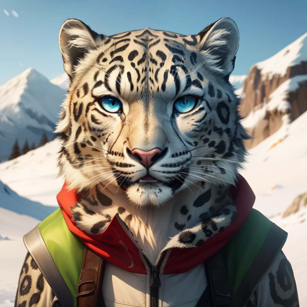 Anthropomorphic Snow leopard Adventurer with blue eyes in a Classic Anime Art style HD high res hyper realistic
