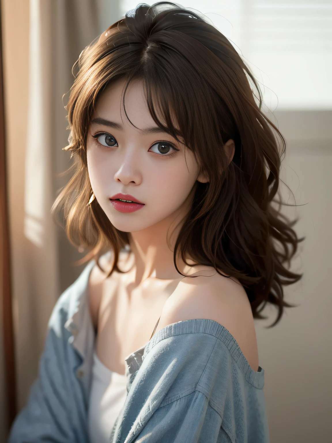 japanes、top-quality、masterpiece、超A high resolution、(Photorealsitic:1.5)、Raw foto、1girl in、off shoulders、murky、deep-shadows、Unobtrusive、cold light、Sexy appearance、shorth hair、Mature woman 18 years old
