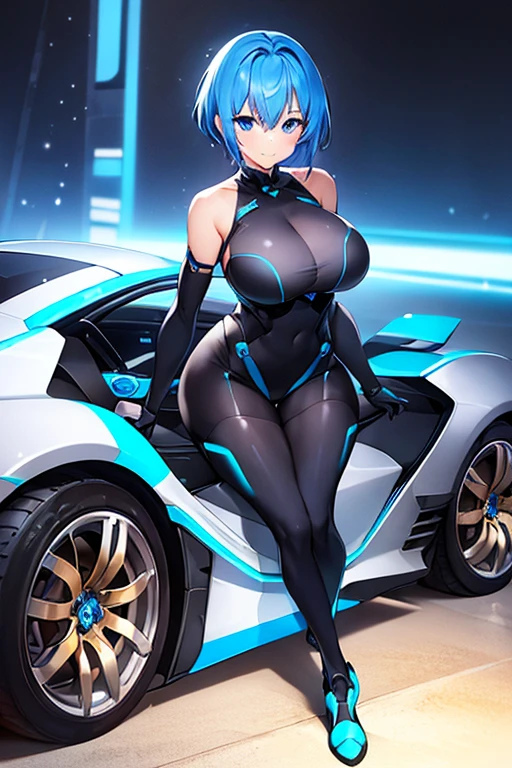 1girl, blue hair, large breasts, wide hips, bodysuit, black bodysuit, blue eyes, short hair, very short hair, science-fiction, tech, futuristic, machinery, full body, neon trim, light smile, shoes, car, sports car