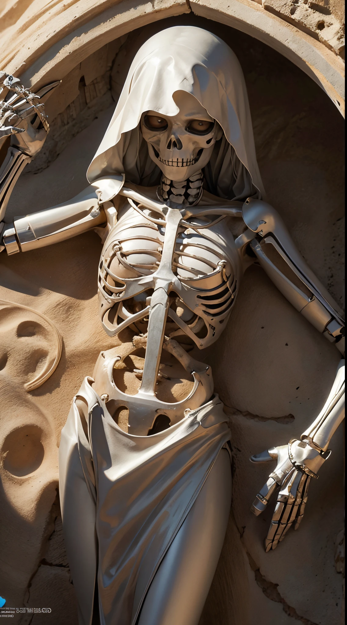 skeleton figure of time, sark drapping, dissolve, sand, high detail, award winning masterpiece with incredible details . Non-representational, colors and shapes, expression of feelings, imaginative, highly detailed
