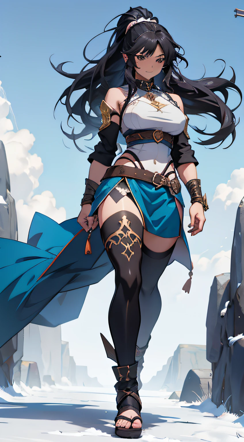 woman with black and white wavy-hair, and barbarian outfit cloth, long hair, fantasy, anime art, , anime style 4k, detailed digital anime art- anime art, aesthetic, anime style 4k, best anime 4k konachan wallpaper, badass anime 8k, anime wallaper, 4k anime wallpaper, full body, fantasy style, Muscular woman, blue clothes, ponytail