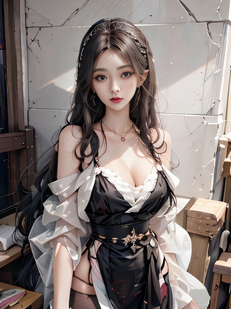 realistically, A high resolution, Top image quality、Original photography、超A high resolution,1 girl, old,Alone, Cesa,The background wall is covered with retro newspapers,8K raw data、Beautiful black pupils, long flowing white hair,nice headpiece, Translucent skin,red pink lips,pure,Cute face,sweet girl,Artistic sense,Street attire, bangle,Elegant necklace, elegant diamond earrings, ssee-through,Open waist,Off-the-shoulder suspenders,Realistic 3D style,top-quality,clean and uncluttered,Perfect bust shape,Off-the-shoulder attire,A little cleavage,perfect hand,ultra-realistic realism,3D,Perfect Finger,Beautiful waist,Beautiful eyelashes、beautiful double eyelid、Legs are very slender、Very slim figure