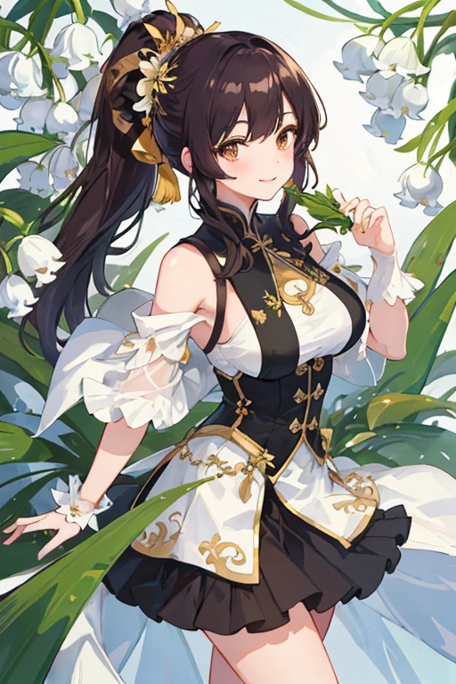 ((tmasterpiece:1.4,Best quality))++,(hyper-detailing)+,(Best quality,hyper-detailing,vibrant with colors,rich colourful,dynamic angle,hight contrast:1.2),girl,flatchest,Lori huge breasts cleavage,short,Height about 135cm,Double low ponytail,Black hair,gold eyes,cute big breasts,a skirt,cropped shoulders,There are lily of the valley elements on the clothes,Chinese style elements,Smiling,She holds a lily of the valley flower in her hand,There is a golden halo outside the lily of the valley flower,Black shoes,Draw the whole body in the picture