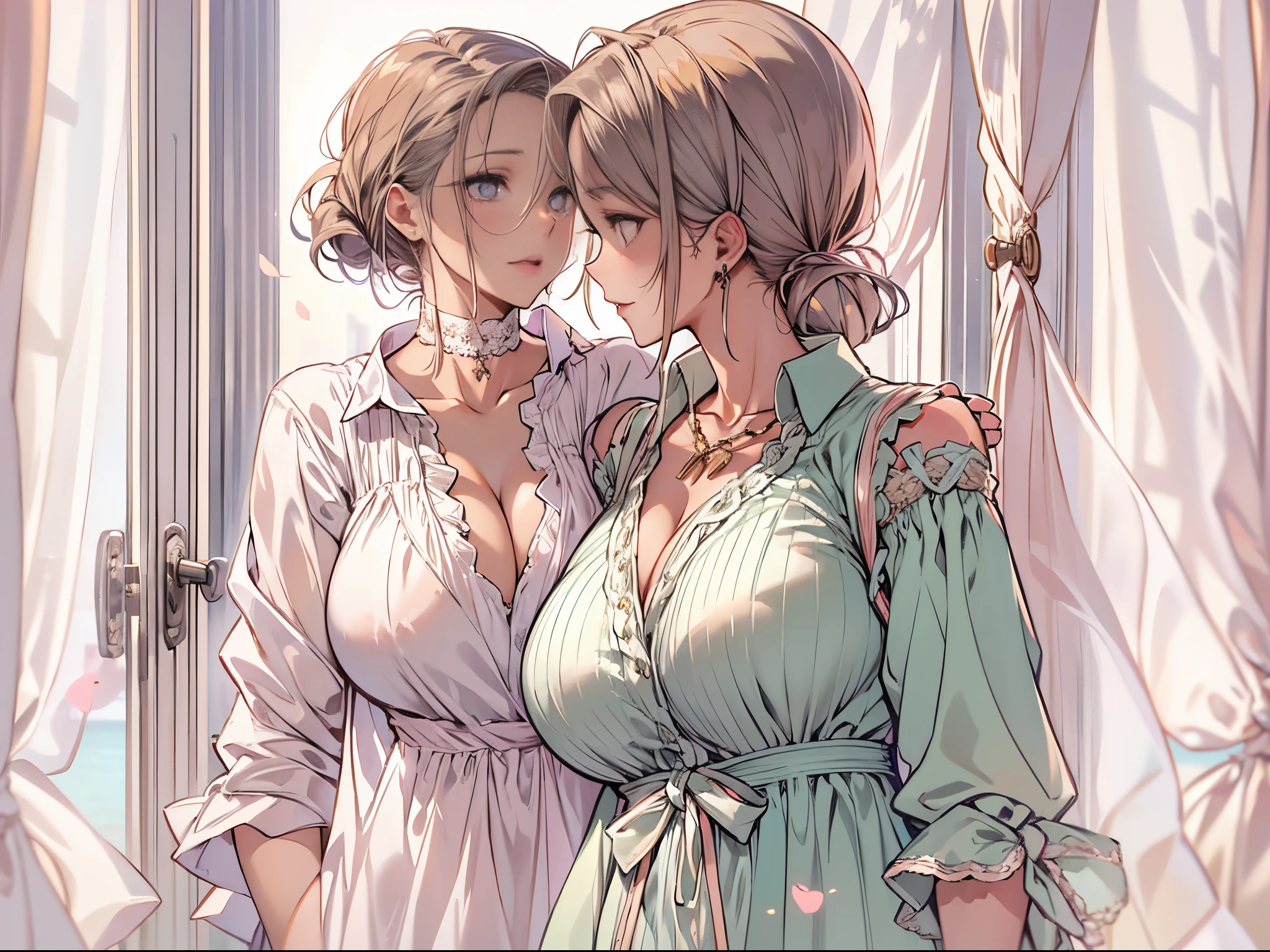 Two girls wearing sexy suspender nightdresses，Large breasts，The two looked at each other，See who has bigger breasts.