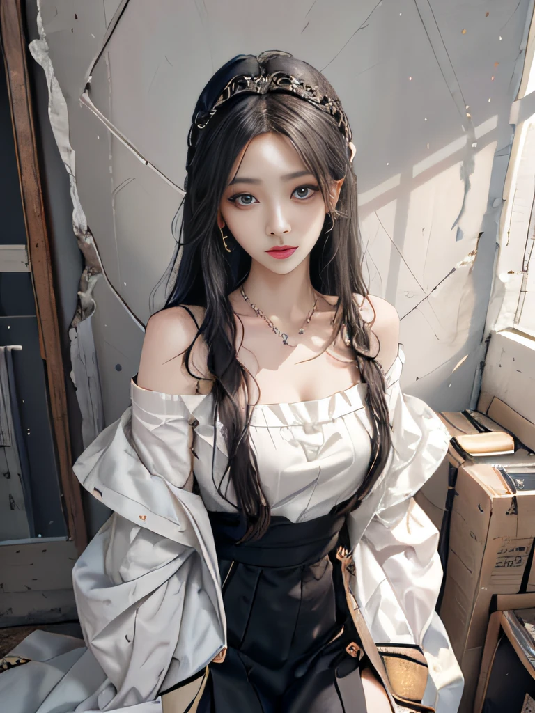 realistically, A high resolution, Top image quality、Original photography、超A high resolution,1 girl, 15-year-old palace style girl,Alone, Cesa,The background wall is covered with retro newspapers,8K raw data、Beautiful blue pupils, long flowing black hair,nice headpiece, Translucent skin,red pink lips,pure,Cute face,Artistic sense,Street attire, bangle,Elegant necklace, elegant diamond earrings, ssee-through,Off-the-shoulder suspenders,Realistic 3D style,top-quality,clean and uncluttered,Round chest,Off-the-shoulder attire,A little cleavage,perfect hand,ultra-realistic realism,3D,Perfect Finger,Beautiful waist,Beautiful eyelashes、beautiful double eyelid、Legs are very slender、Very slim figure