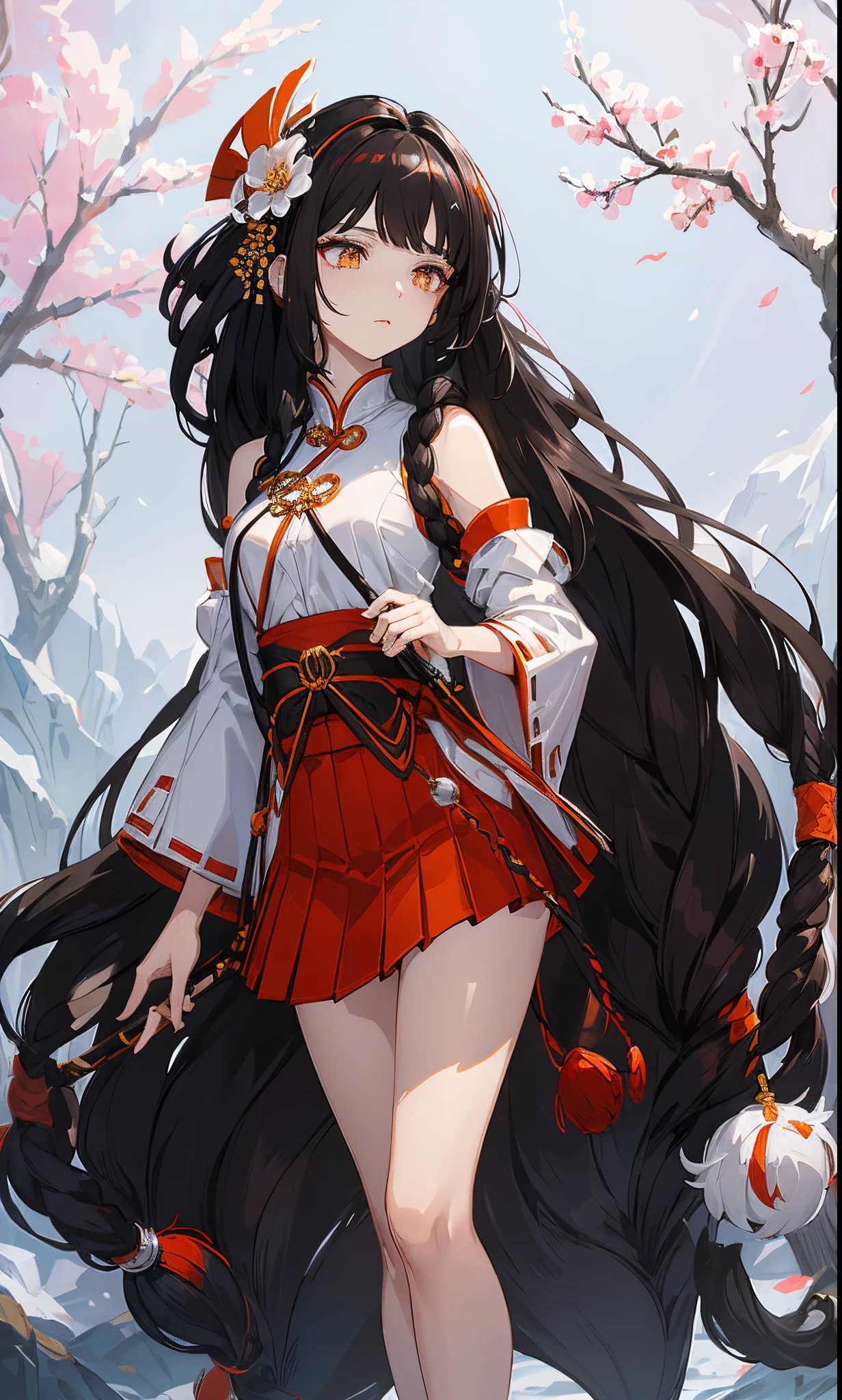 (tmasterpiece:1.2),, 1 rapariga, Alone, Branch, flowers blooming, jewely, a skirt, that tree, through bangs, Long hair, hair adornments, view the viewer, Chinese clothes, black hair color hair, hairflower, Brown hair, exposed bare shoulders, Very long hair, Wide sleeves, longer sleeves，Pale orange eyes