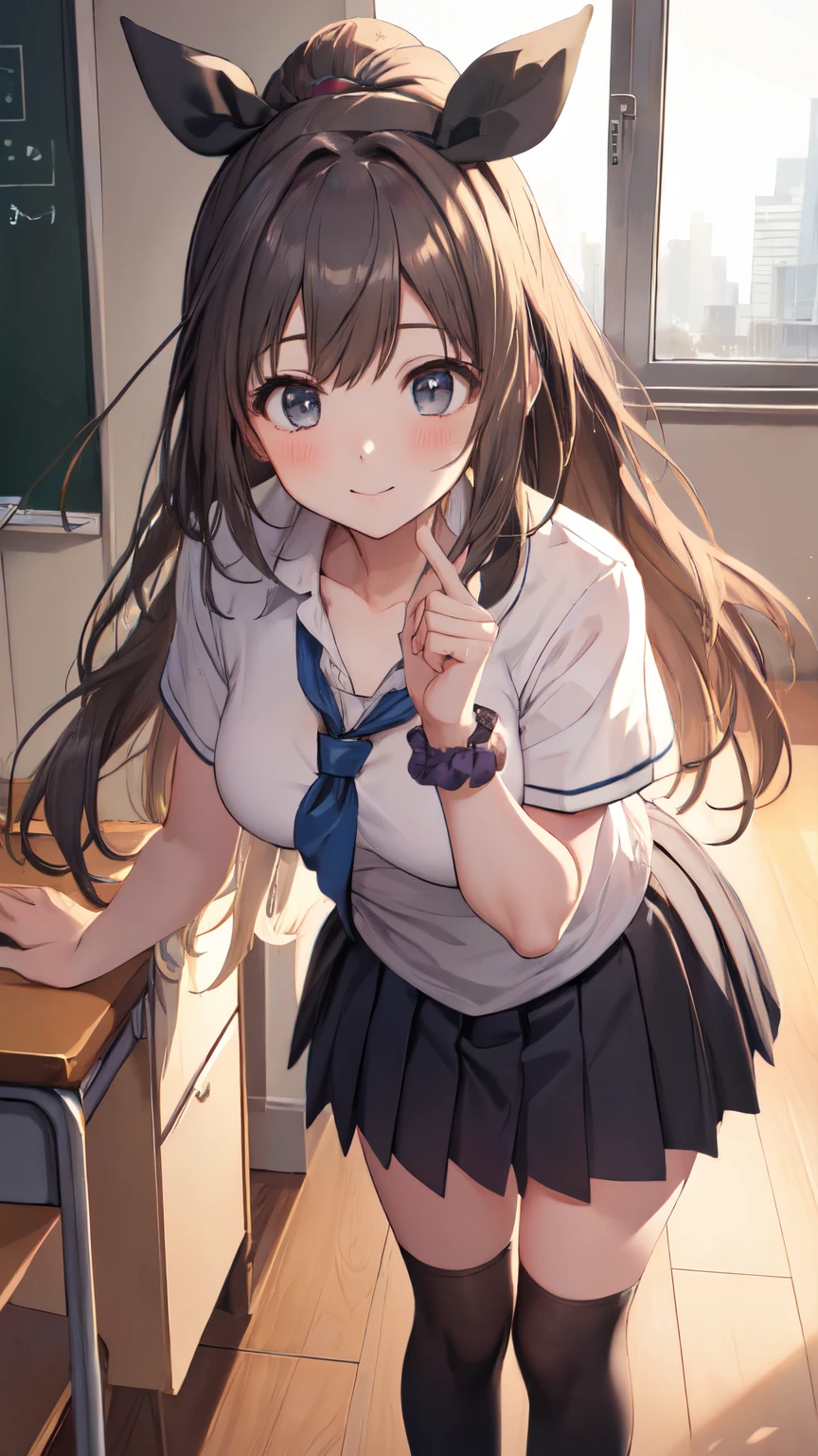 Pov、(leaning forward:1.5)、(high ponytail:1.3)、(school uniform, short sleeve:1.5)、a miniskirt、(hair adornments:1.2)、(Wrap a scrunchie around your left wrist:1.2)、(Black High Socks:1.5)、NSFW、clear eyes、8k、 student、Top image quality、Masterpiece、perfect anatomia、Kogal、Plump thighs、piece sign、bich、schools、Absolute Area、a smile