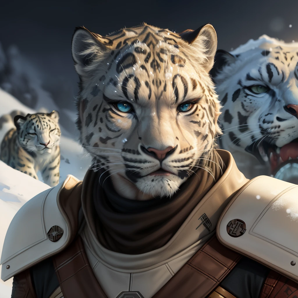 Star Wars farghul race with a snow leopard face, high resolution, hyper realistic