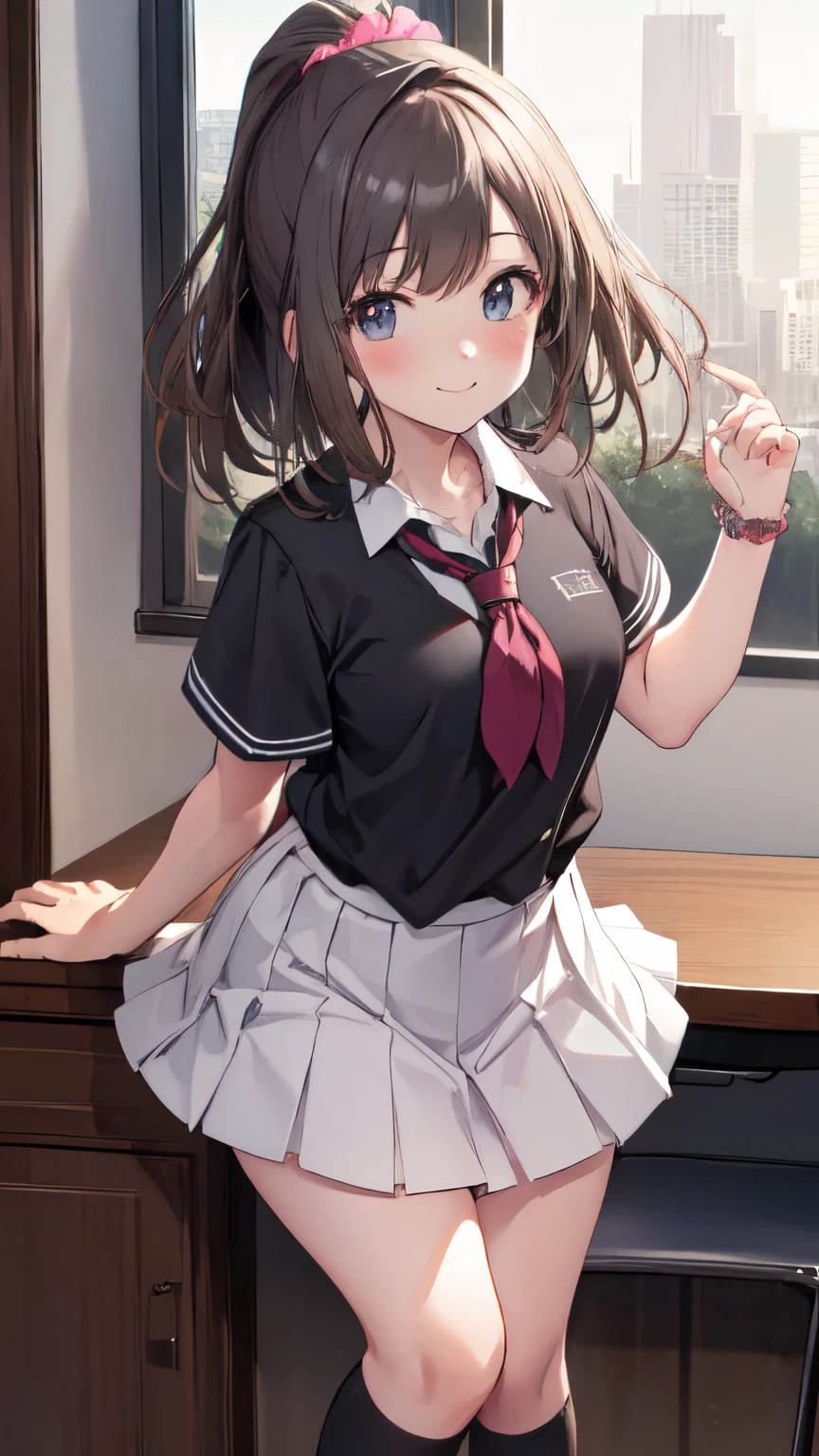 Pov、(leaning forward:1.5)、(high ponytail:1.3)、(school uniform, short sleeve:1.5)、a miniskirt、(hair adornments:1.2)、(Wrap a scrunchie around your left wrist:1.2)、(Black High Socks:1.5)、NSFW、clear eyes、8k、**** student、Top image quality、Masterpiece、perfect anatomia、Kogal、Plump thighs、piece sign、bich、schools、Absolute Area、a smile